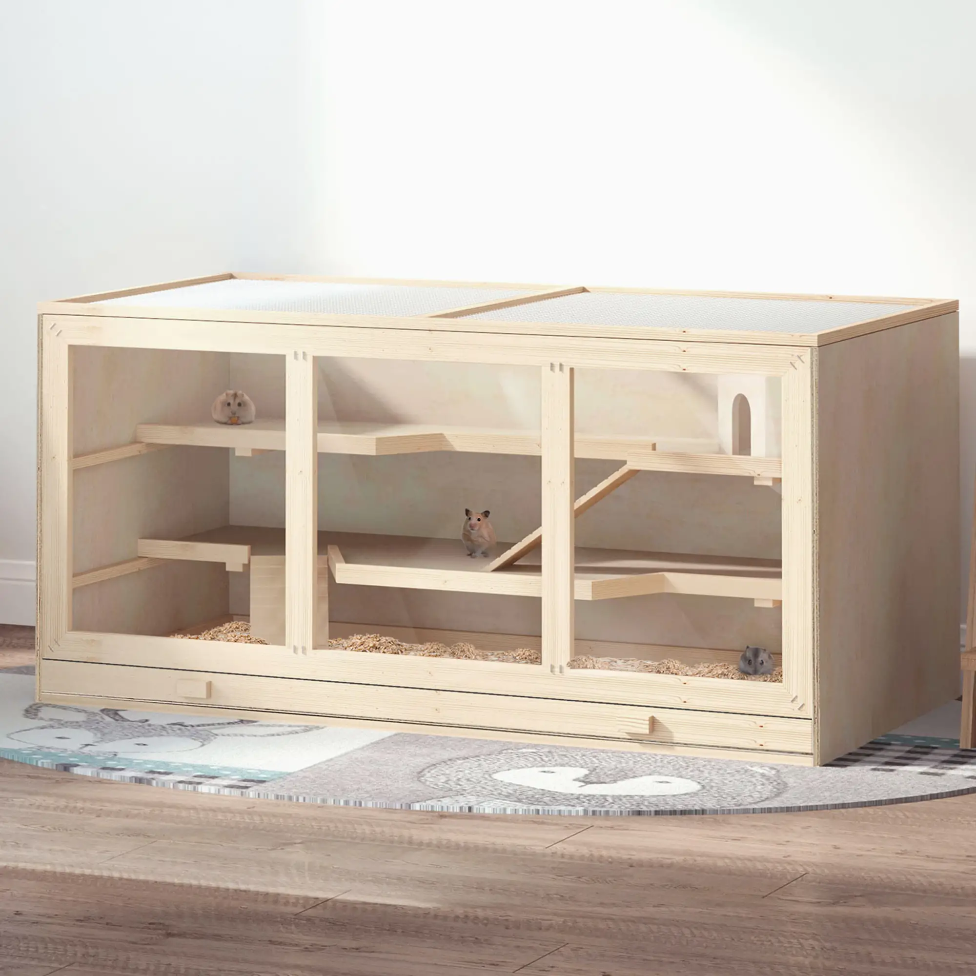 Wooden Hamster Cage with Slide, Tray, Natural Wood - Image 2
