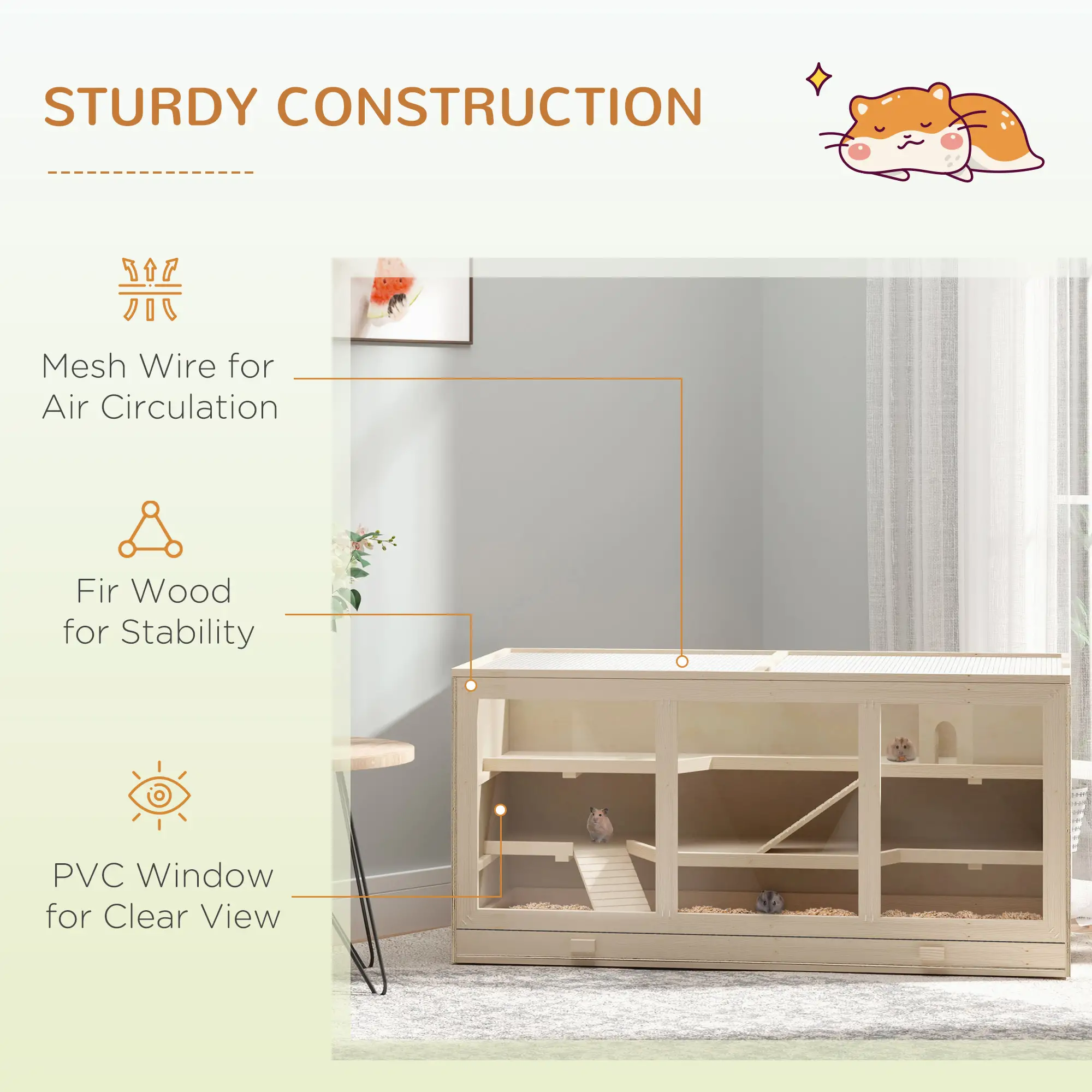Wooden Hamster Cage with Slide, Tray, Natural Wood - Image 6