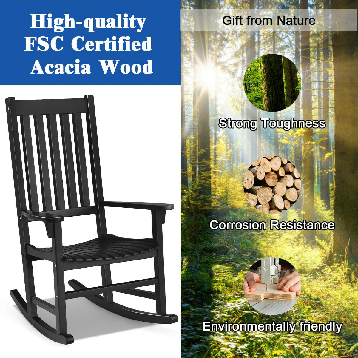 Wooden High Back Rocking Chair, Indoor Outdoor, Black - Image 10