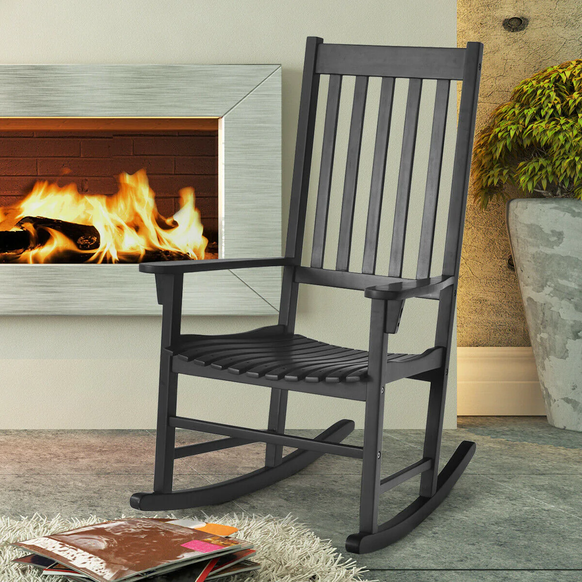 Wooden High Back Rocking Chair, Indoor Outdoor, Black - Image 3