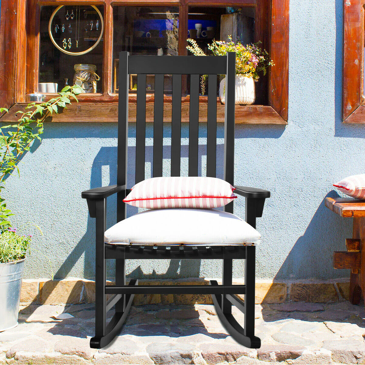 Wooden High Back Rocking Chair, Indoor Outdoor, Black - Image 7