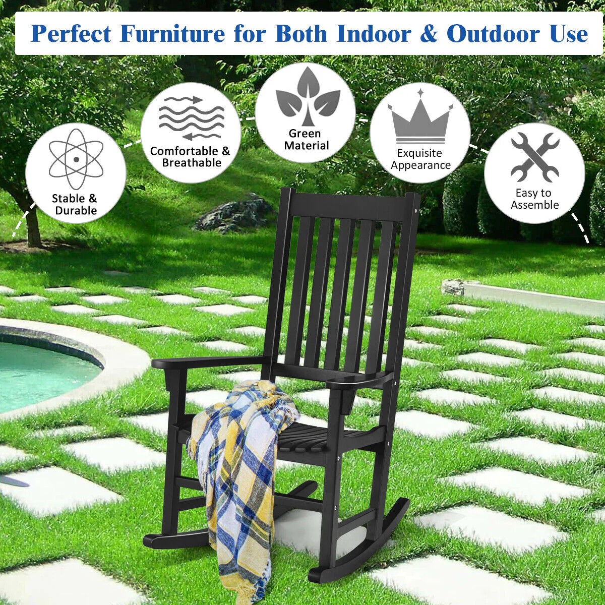 Wooden High Back Rocking Chair, Indoor Outdoor, Black - Image 8
