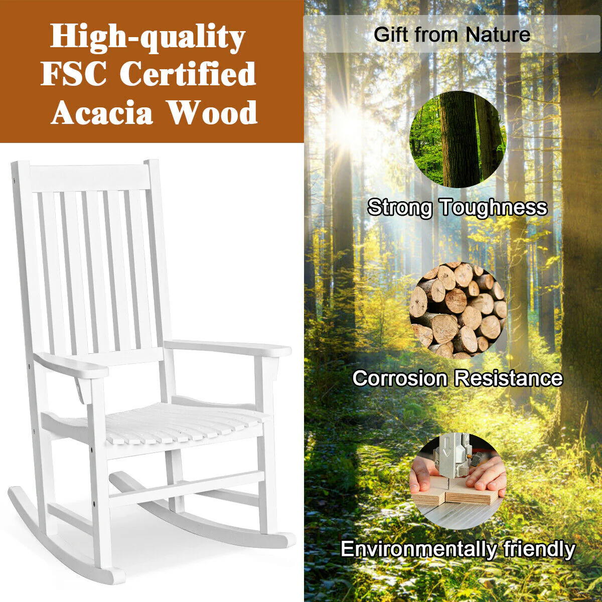 Wooden High Back Rocking Chair, White - Image 10