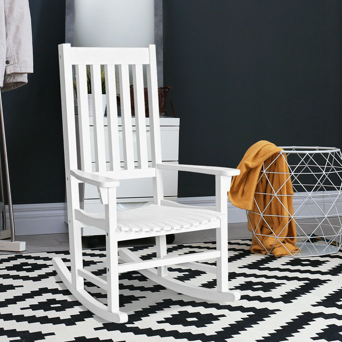 Wooden High Back Rocking Chair, White - Image 3