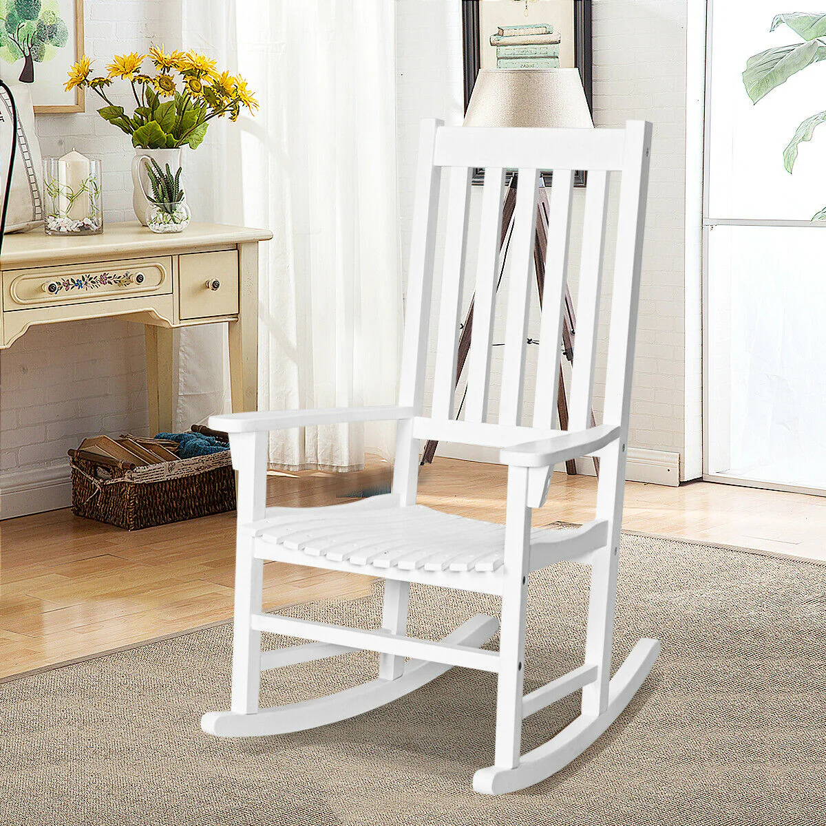 Wooden High Back Rocking Chair, White - Image 7