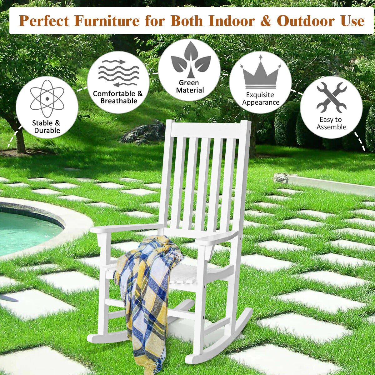 Wooden High Back Rocking Chair, White - Image 8