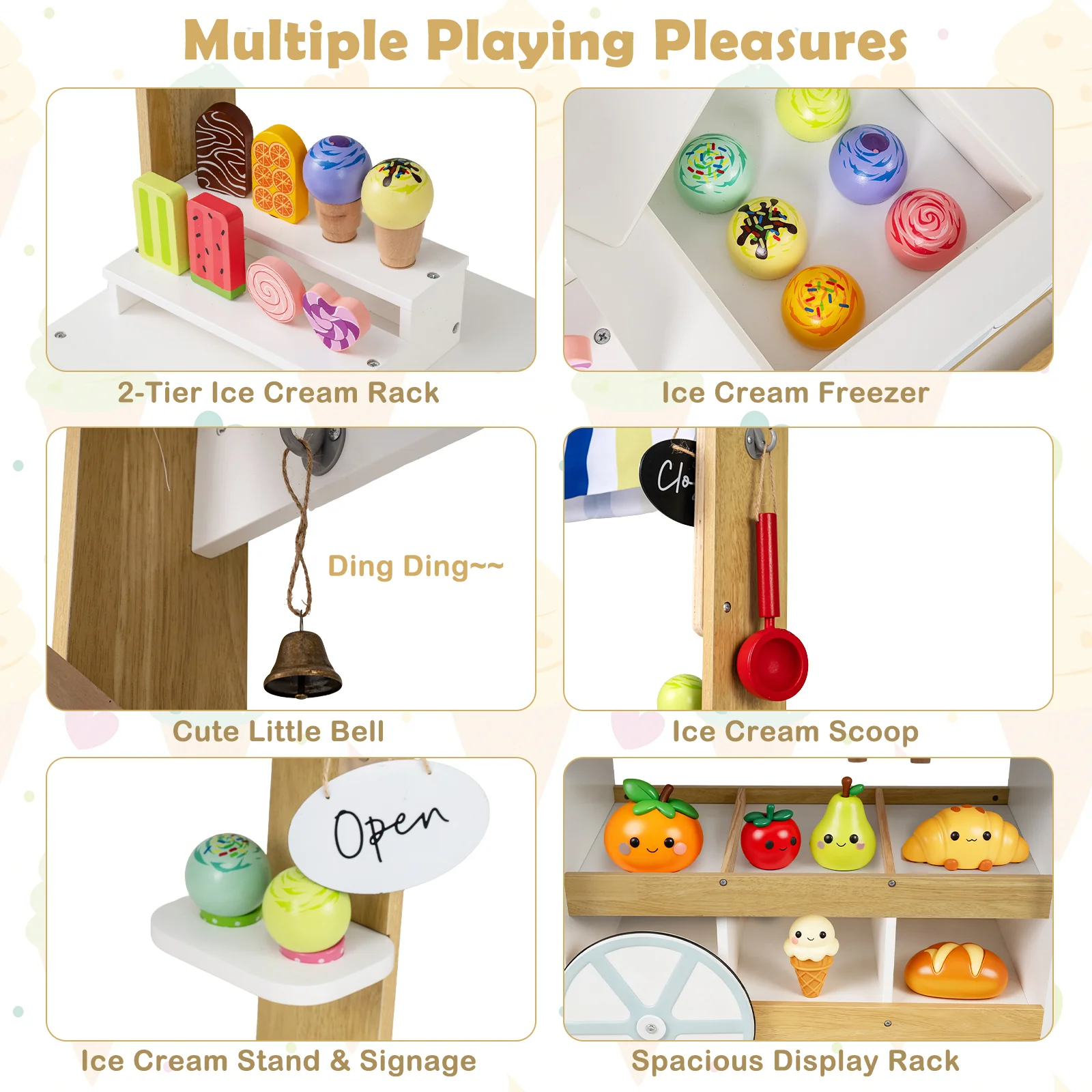 Wooden Ice Cream Cart for Kids 2-in-1 Grocery Store Playset with Display Shelves, White - Image 10