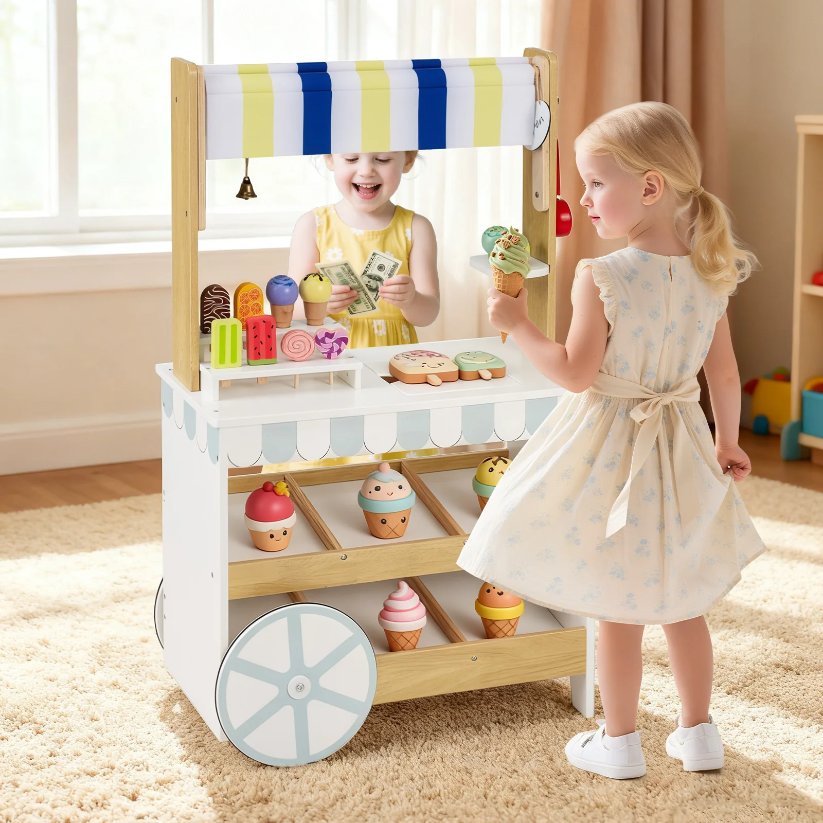 Wooden Ice Cream Cart for Kids 2-in-1 Grocery Store Playset with Display Shelves, White - Image 2