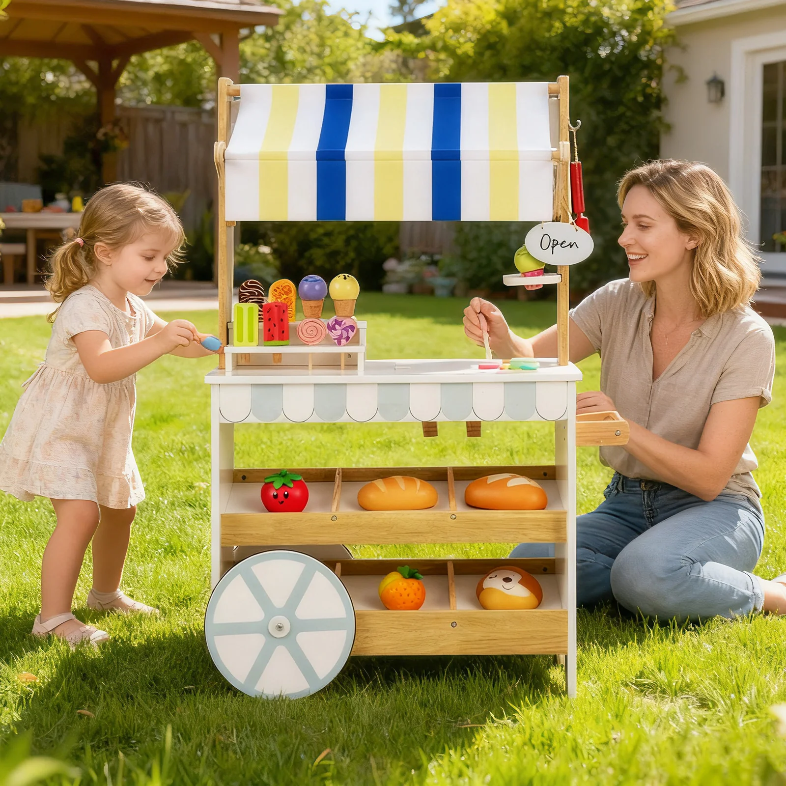 Wooden Ice Cream Cart for Kids 2-in-1 Grocery Store Playset with Display Shelves, White - Image 3