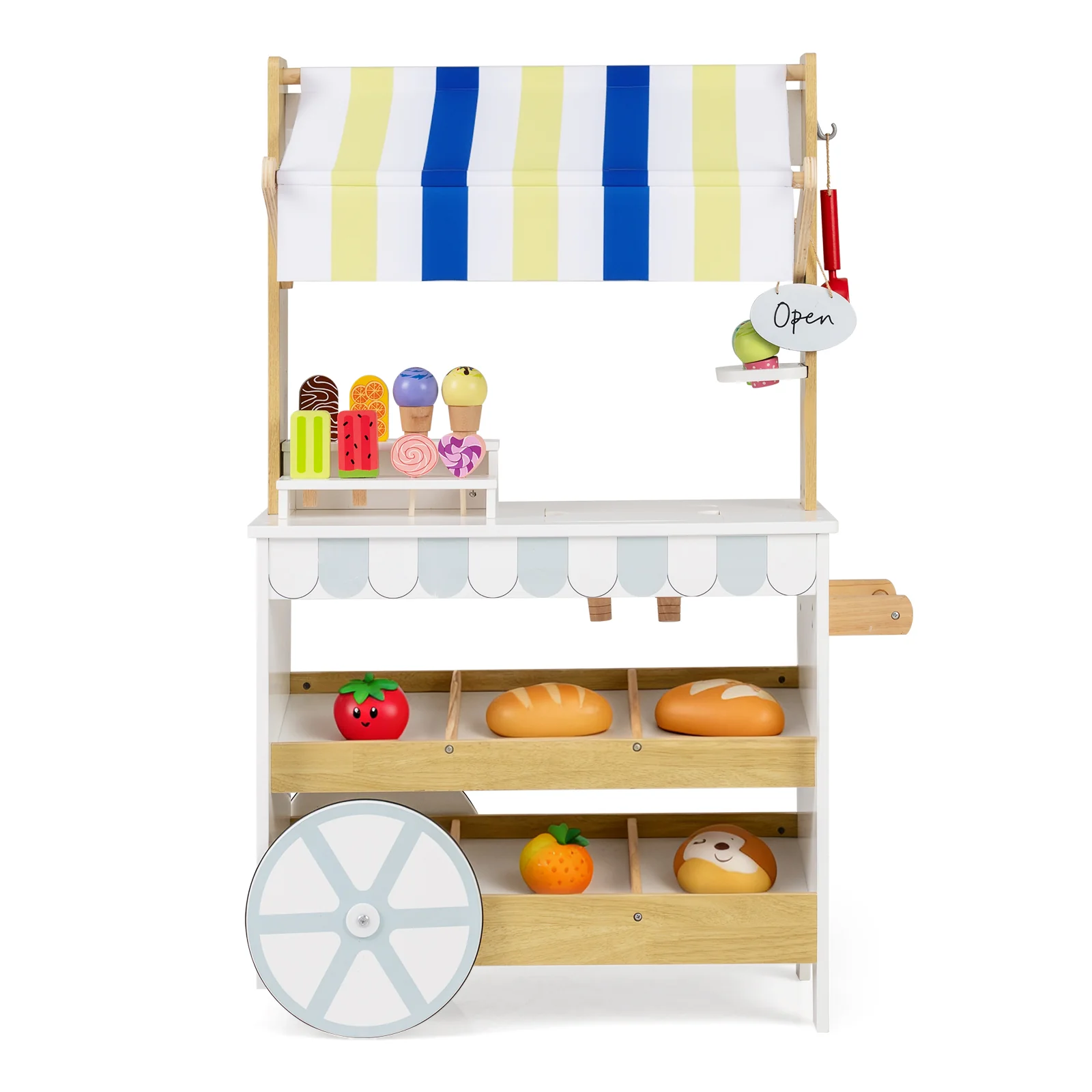 Wooden Ice Cream Cart for Kids 2-in-1 Grocery Store Playset with Display Shelves, White - Image 4