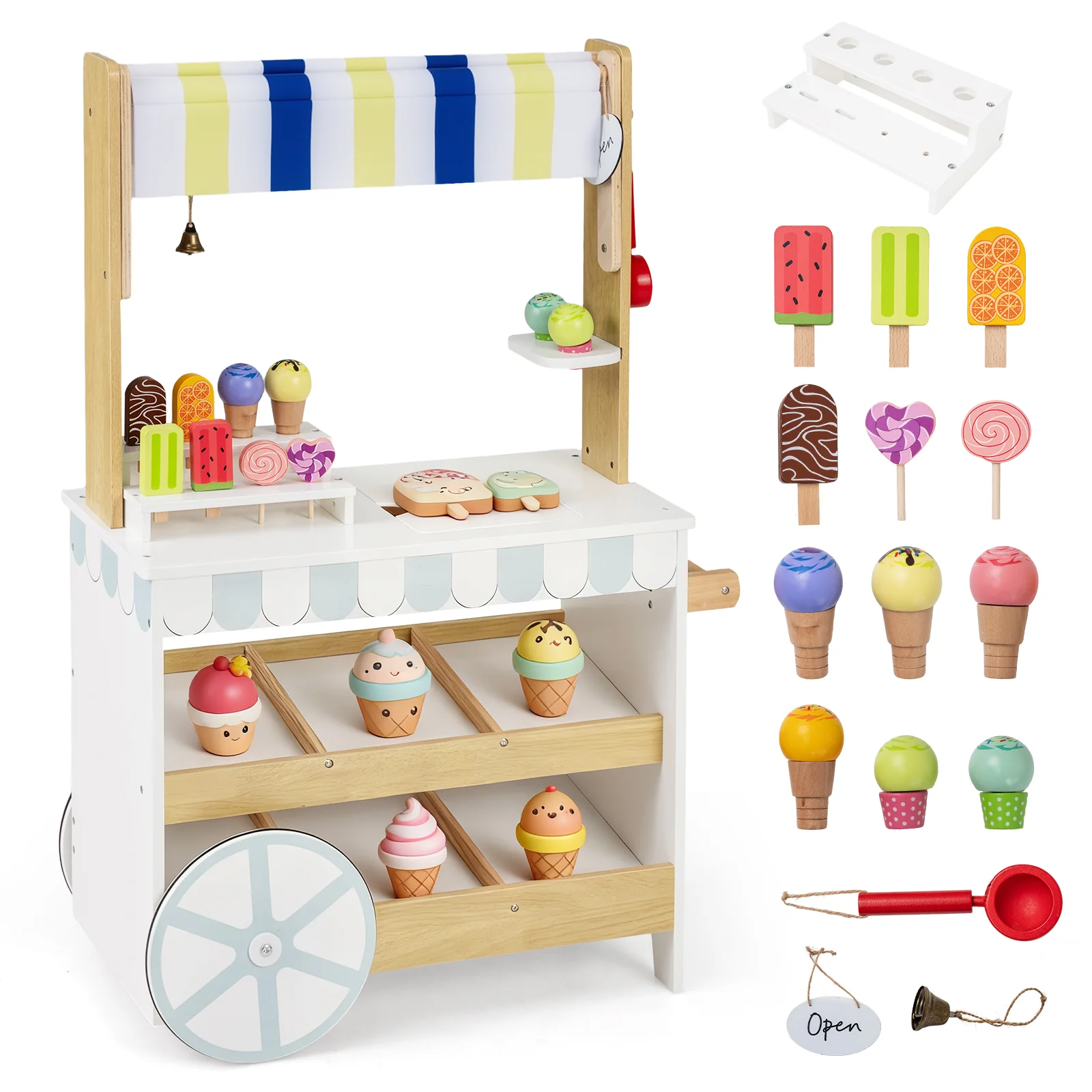 Wooden Ice Cream Cart for Kids 2-in-1 Grocery Store Playset with Display Shelves, White - Image 5