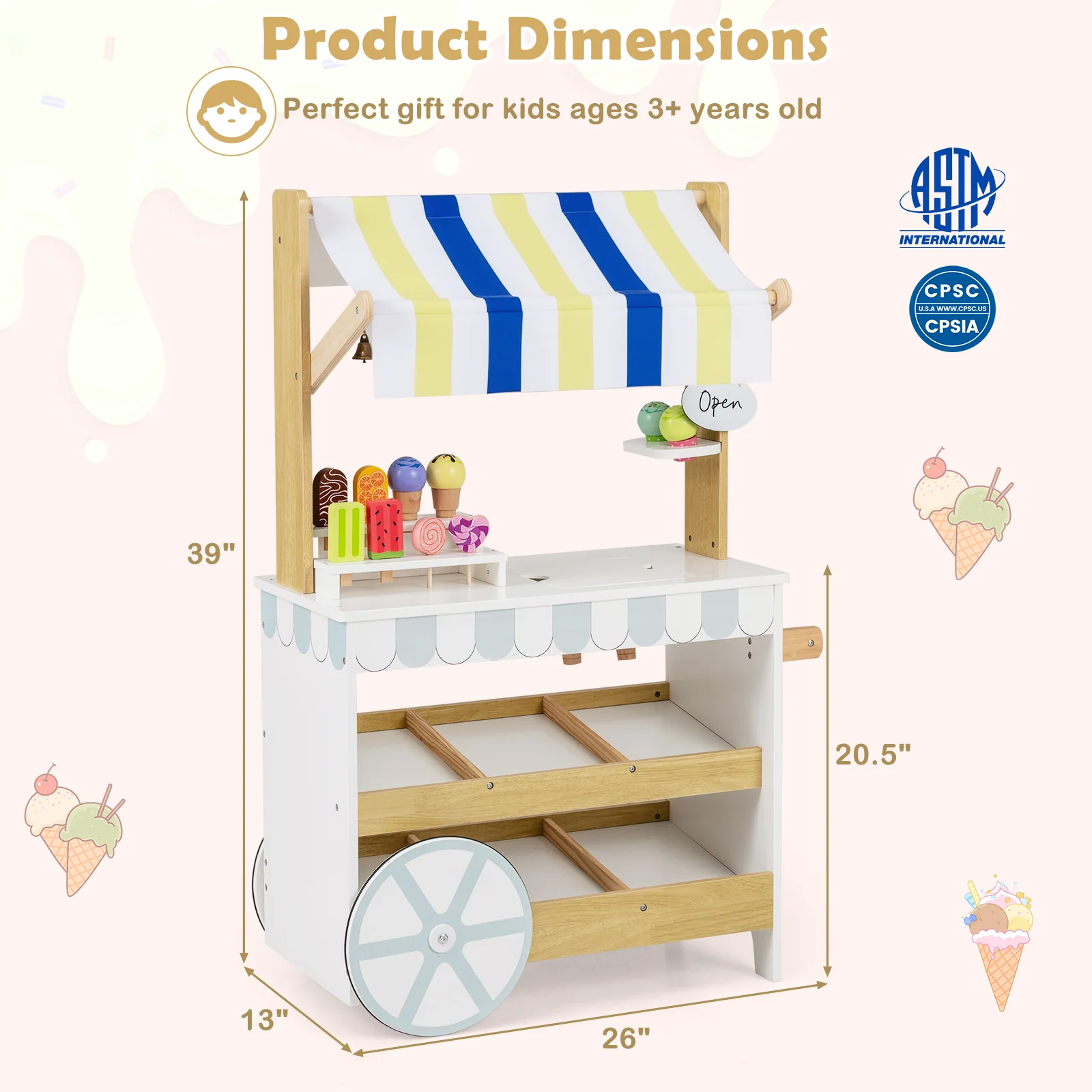 Wooden Ice Cream Cart for Kids 2-in-1 Grocery Store Playset with Display Shelves, White - Image 6