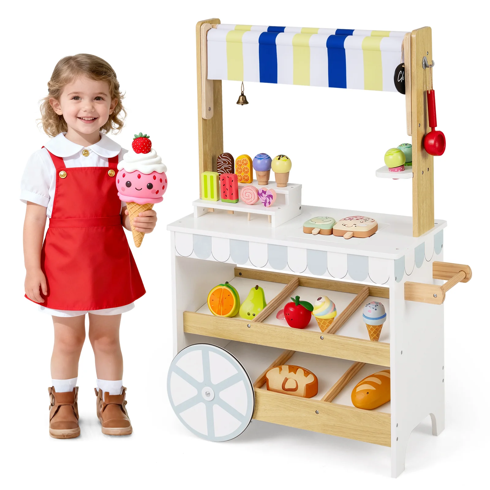 Wooden Ice Cream Cart for Kids 2-in-1 Grocery Store Playset with Display Shelves, White - Image 7