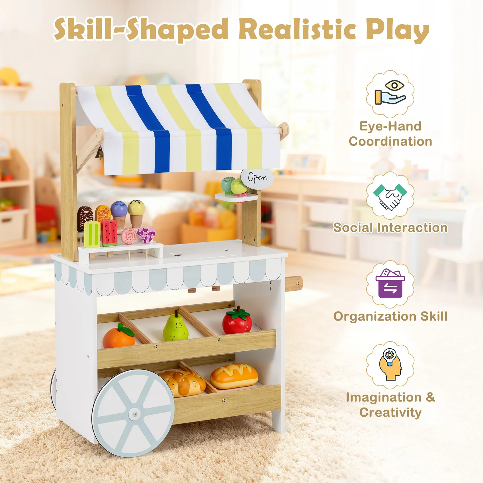 Wooden Ice Cream Cart for Kids 2-in-1 Grocery Store Playset with Display Shelves, White - Image 8