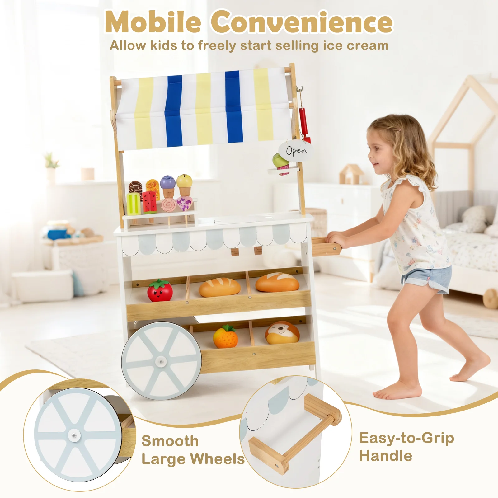 Wooden Ice Cream Cart for Kids 2-in-1 Grocery Store Playset with Display Shelves, White - Image 9