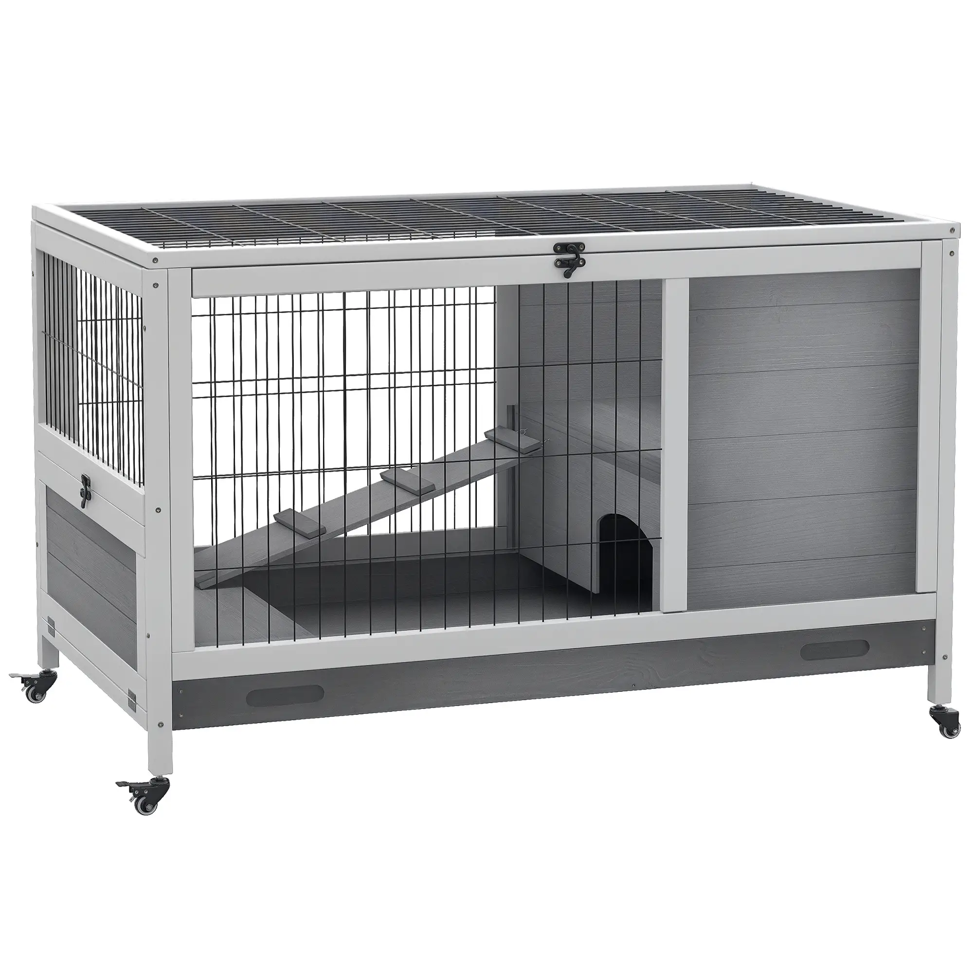 Wooden Indoor Rabbit Hutch, Elevated Bunny Cage with Wheels, Grey