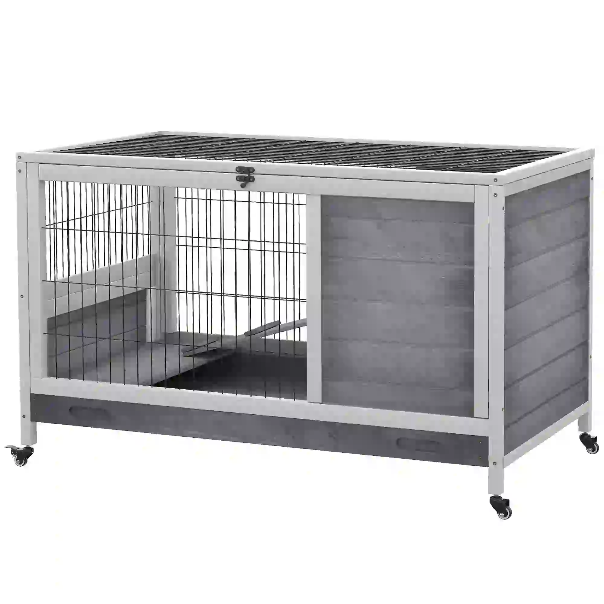 Wooden Indoor Rabbit Hutch, Elevated Bunny Cage with Wheels, Grey - Image 11