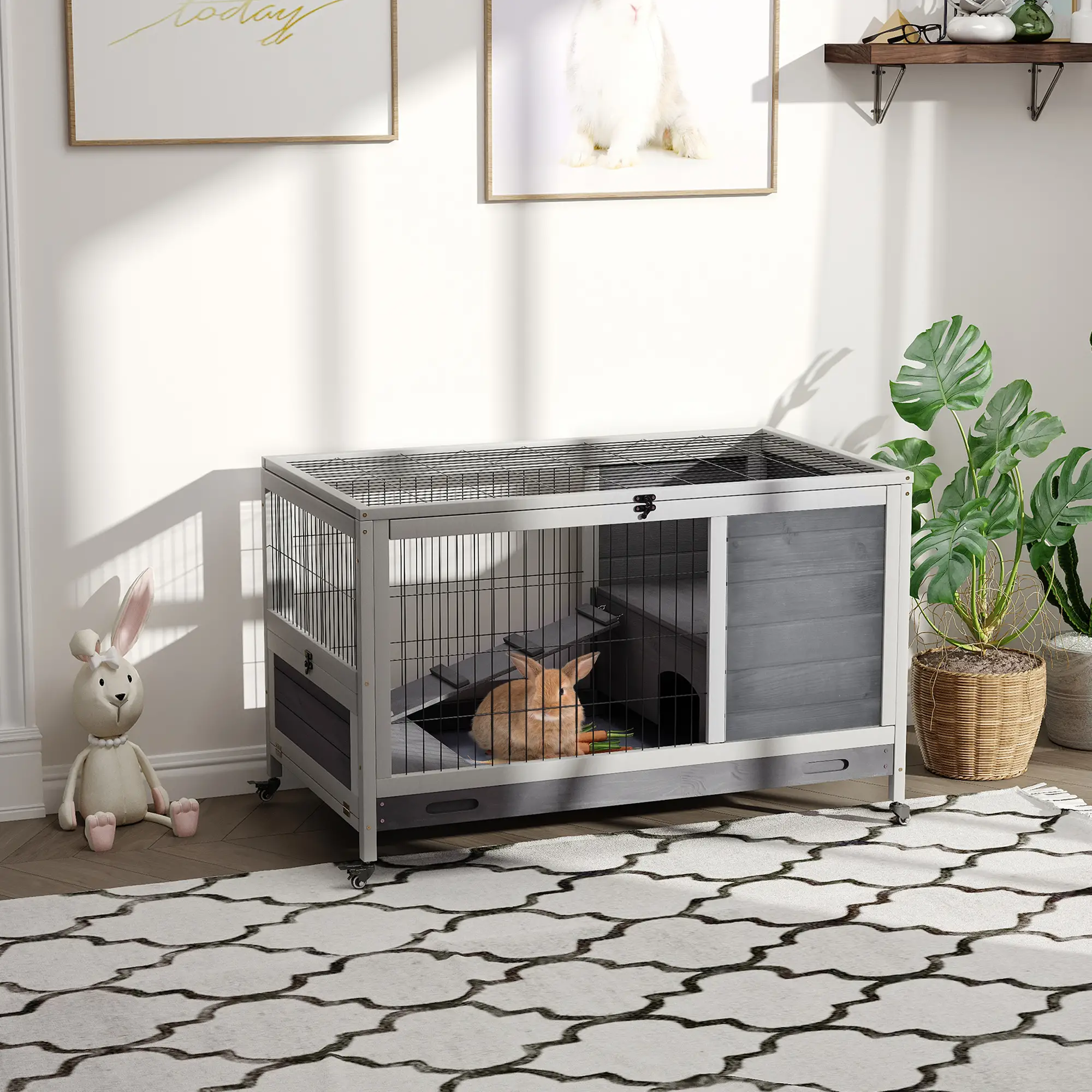 Wooden Indoor Rabbit Hutch, Elevated Bunny Cage with Wheels, Grey - Image 2