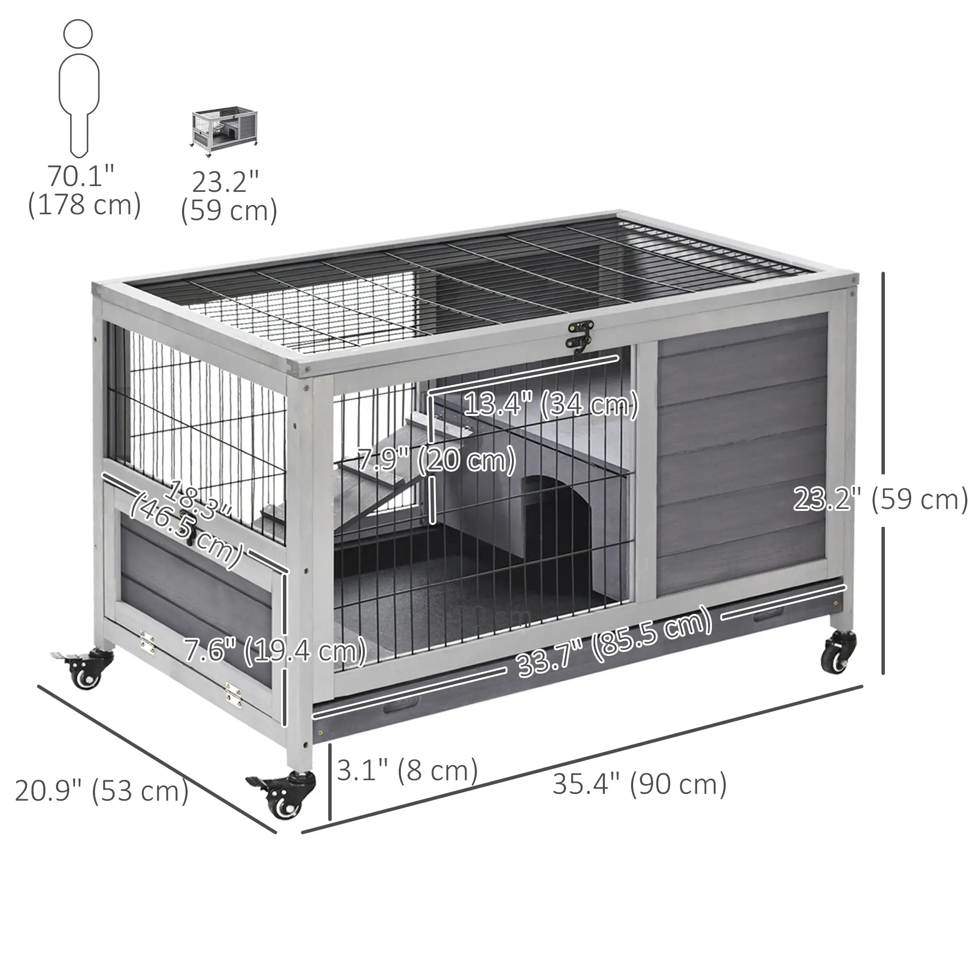 Wooden Indoor Rabbit Hutch, Elevated Bunny Cage with Wheels, Grey - Image 3