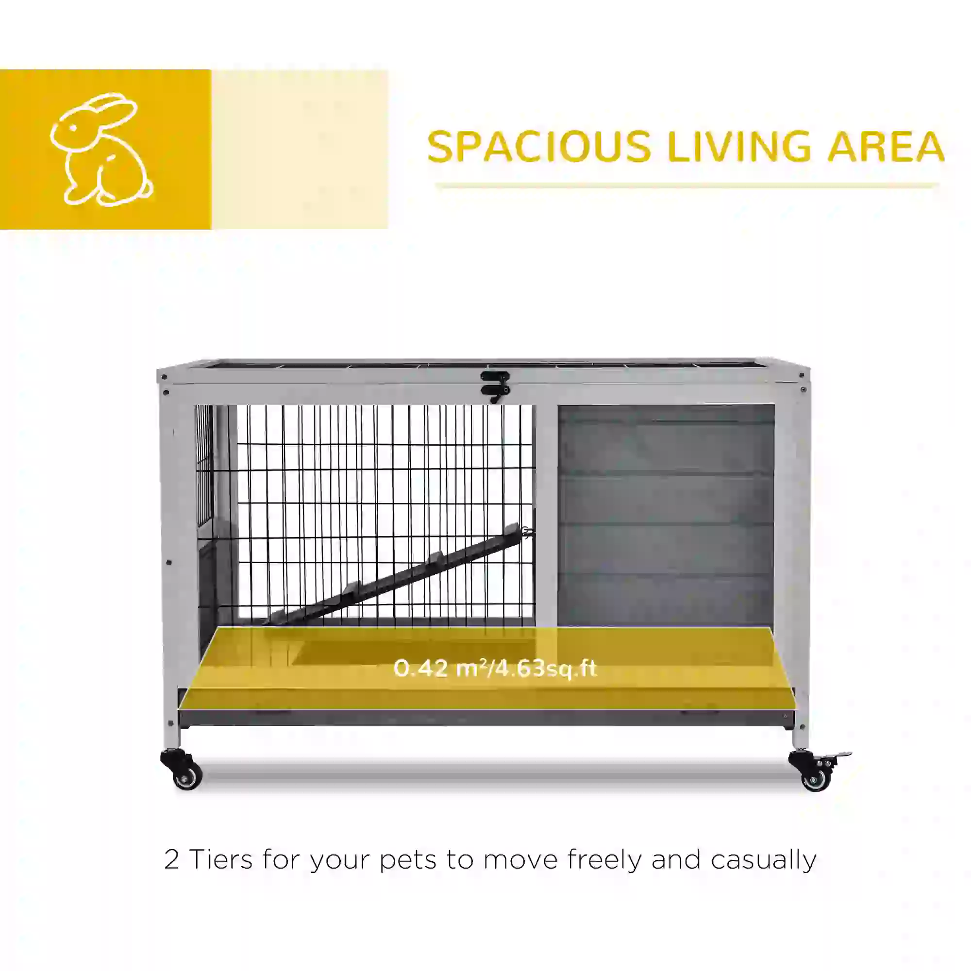 Wooden Indoor Rabbit Hutch, Elevated Bunny Cage with Wheels, Grey - Image 4