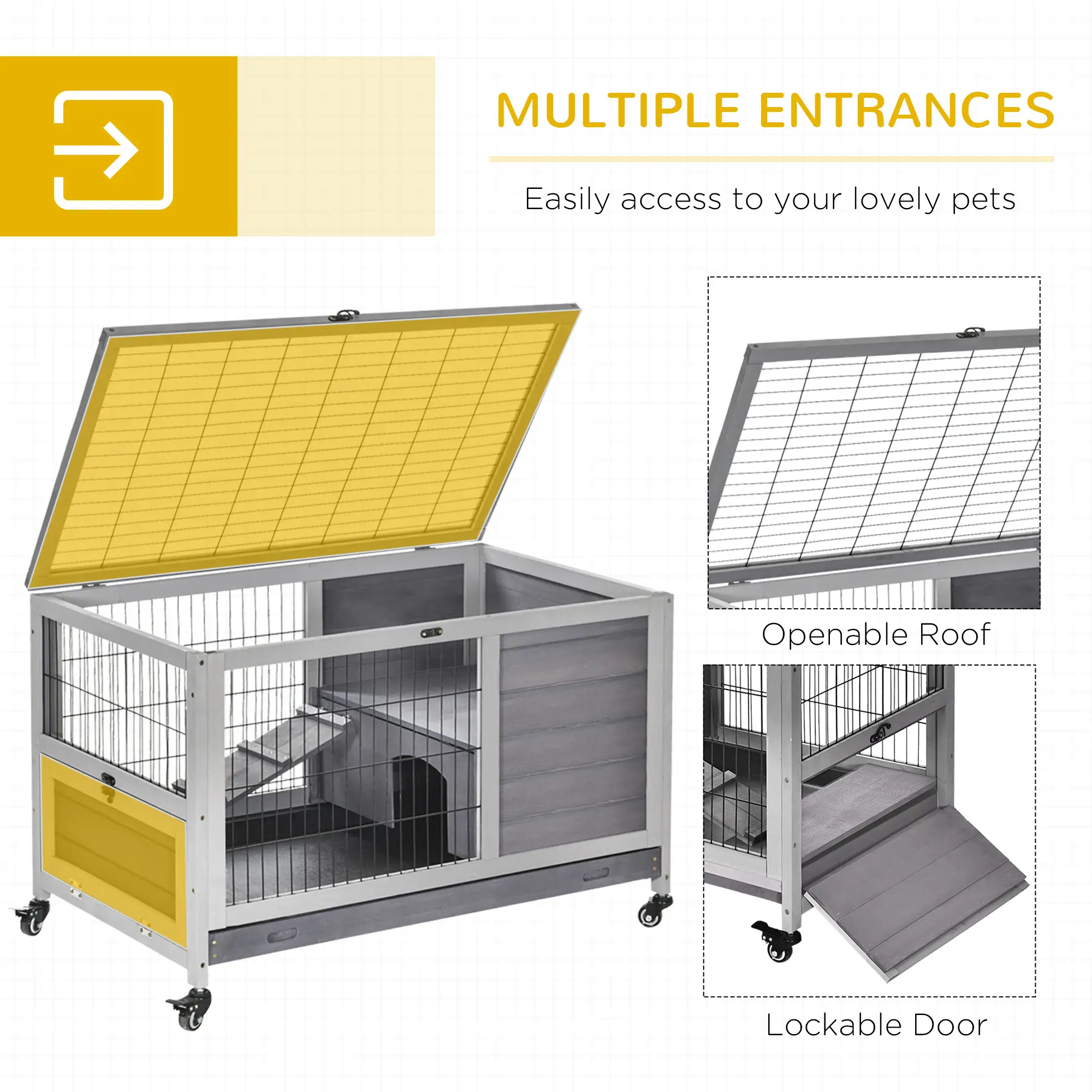 Wooden Indoor Rabbit Hutch, Elevated Bunny Cage with Wheels, Grey - Image 5