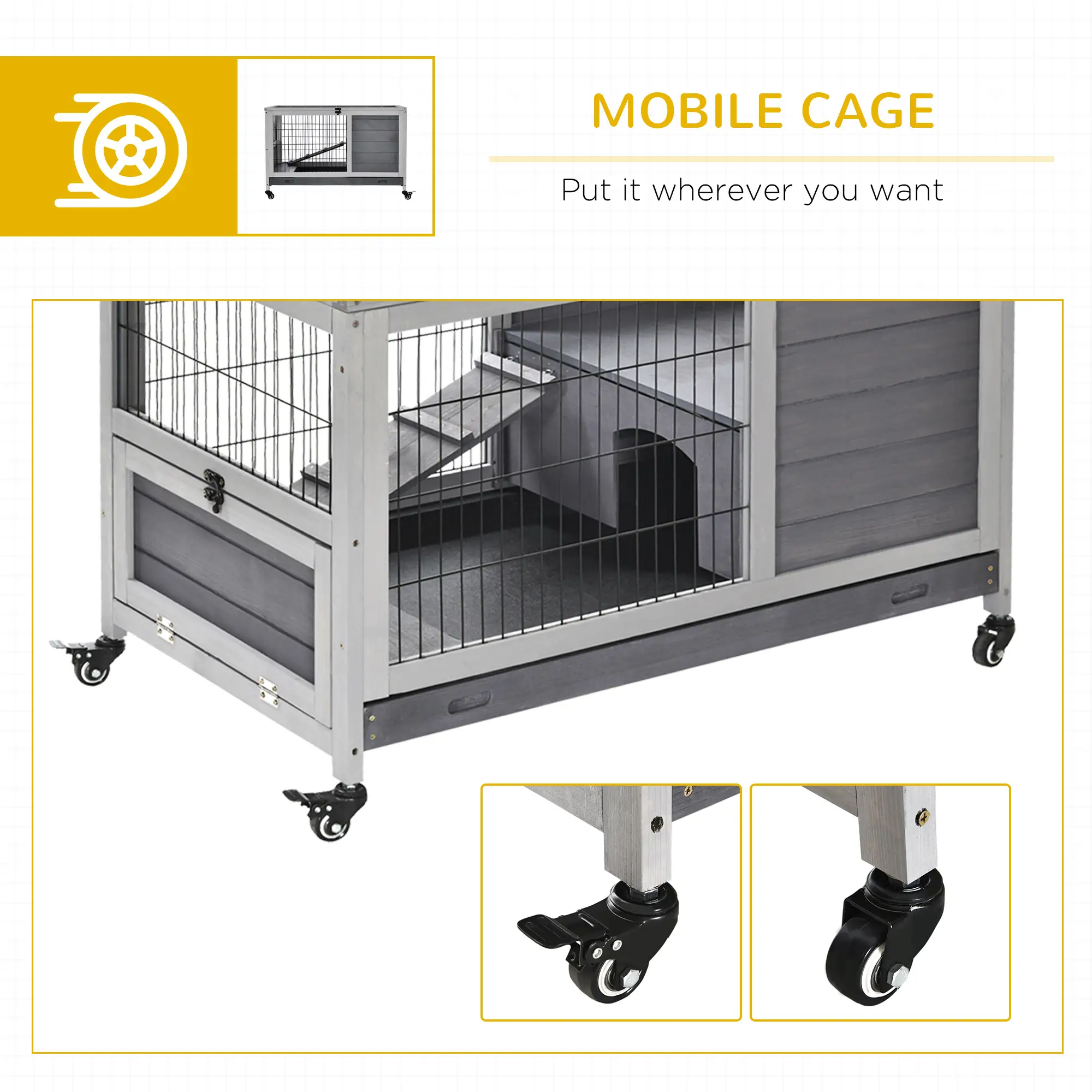 Wooden Indoor Rabbit Hutch, Elevated Bunny Cage with Wheels, Grey - Image 7