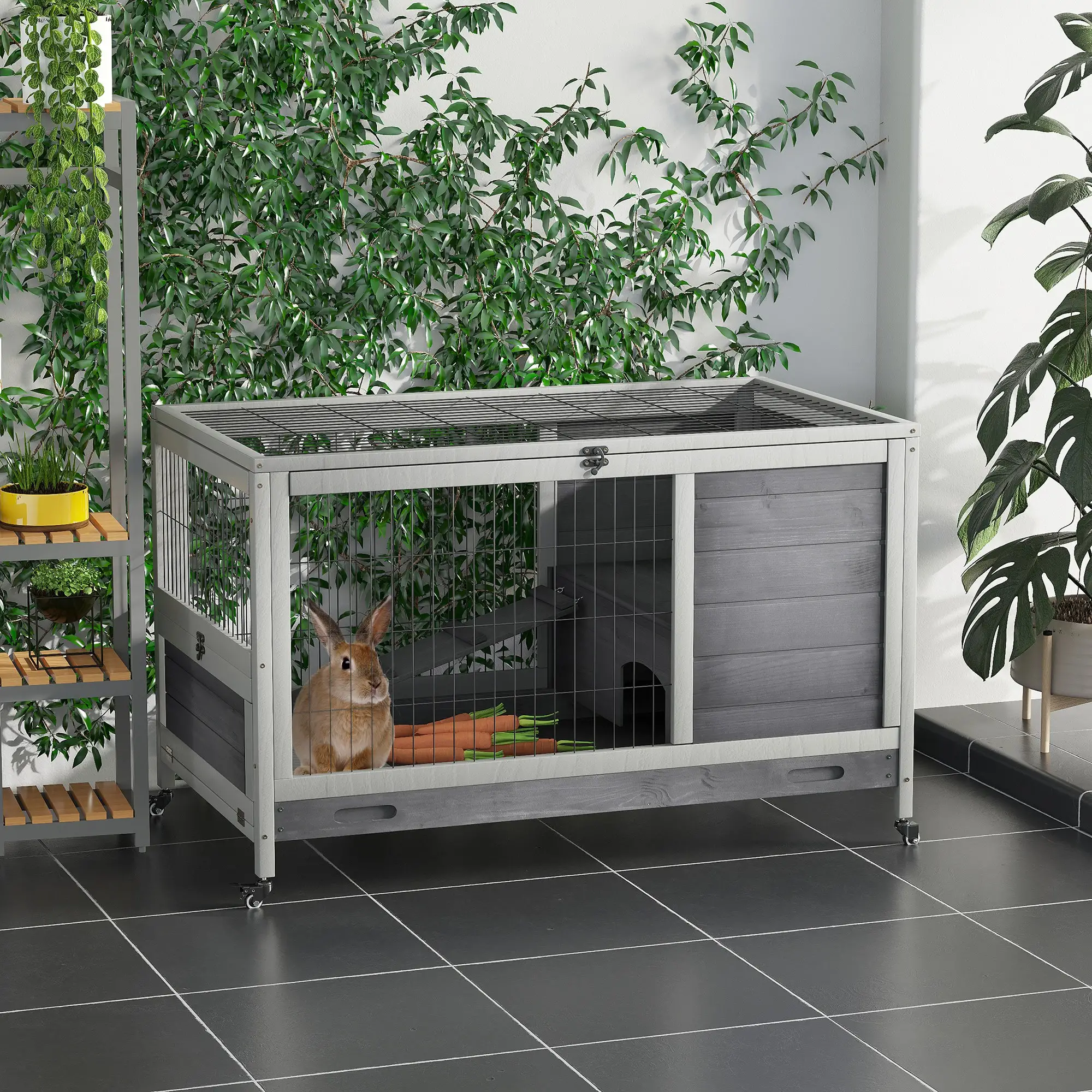 Wooden Indoor Rabbit Hutch, Elevated Bunny Cage with Wheels, Grey - Image 8