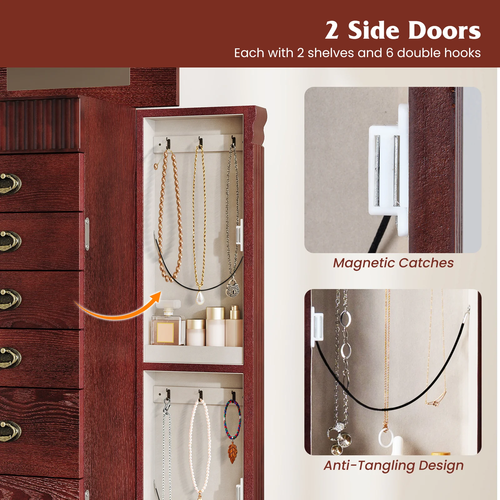 Wooden Jewelry Armoire Cabinet Storage Chest with Drawers and Swing Doors, Brown - Image 10