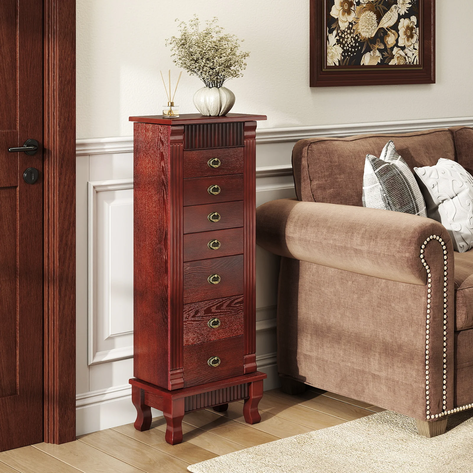 Wooden Jewelry Armoire Cabinet Storage Chest with Drawers and Swing Doors, Brown - Image 2
