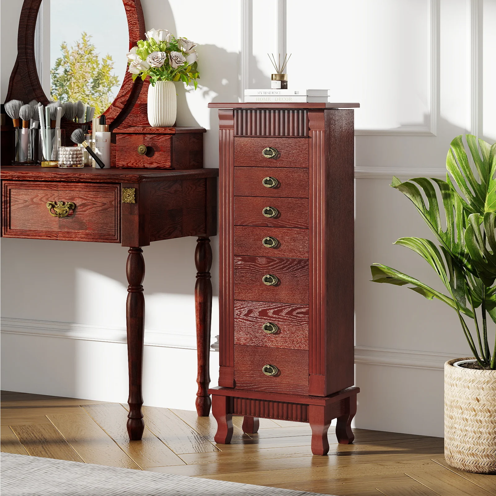 Wooden Jewelry Armoire Cabinet Storage Chest with Drawers and Swing Doors, Brown - Image 3