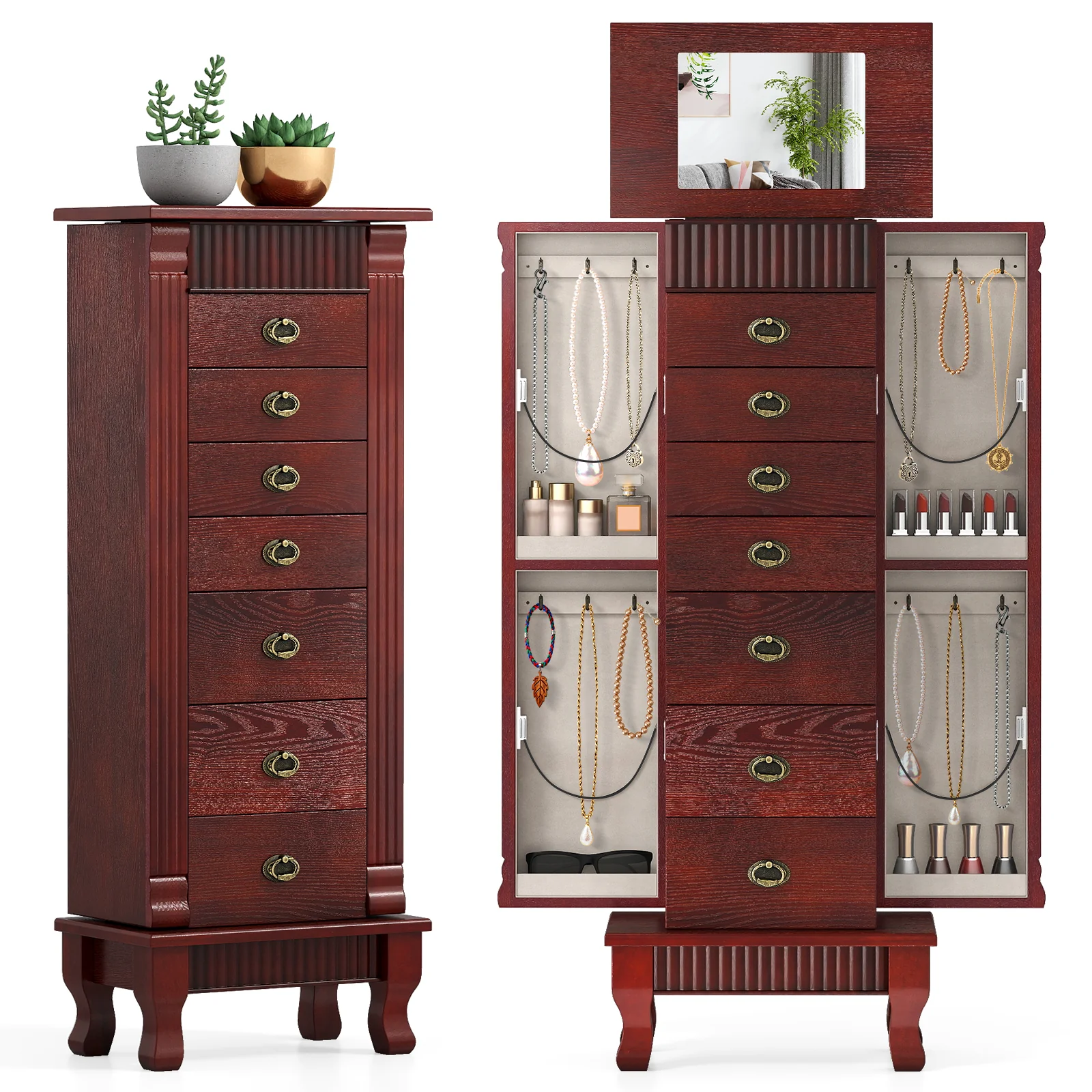 Wooden Jewelry Armoire Cabinet Storage Chest with Drawers and Swing Doors, Brown - Image 5