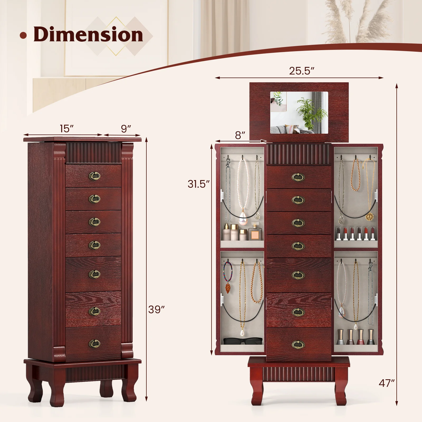 Wooden Jewelry Armoire Cabinet Storage Chest with Drawers and Swing Doors, Brown - Image 6
