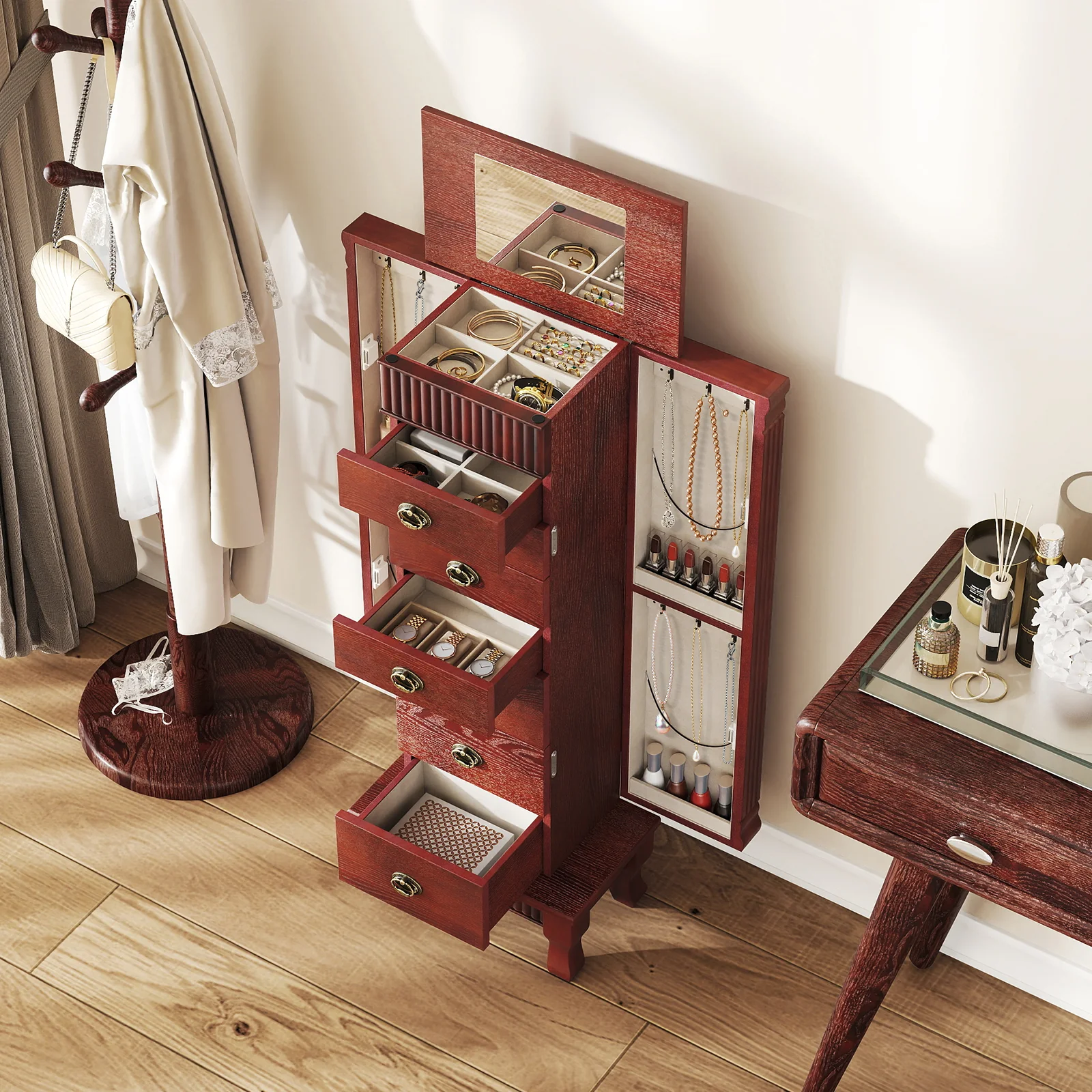 Wooden Jewelry Armoire Cabinet Storage Chest with Drawers and Swing Doors, Brown - Image 7