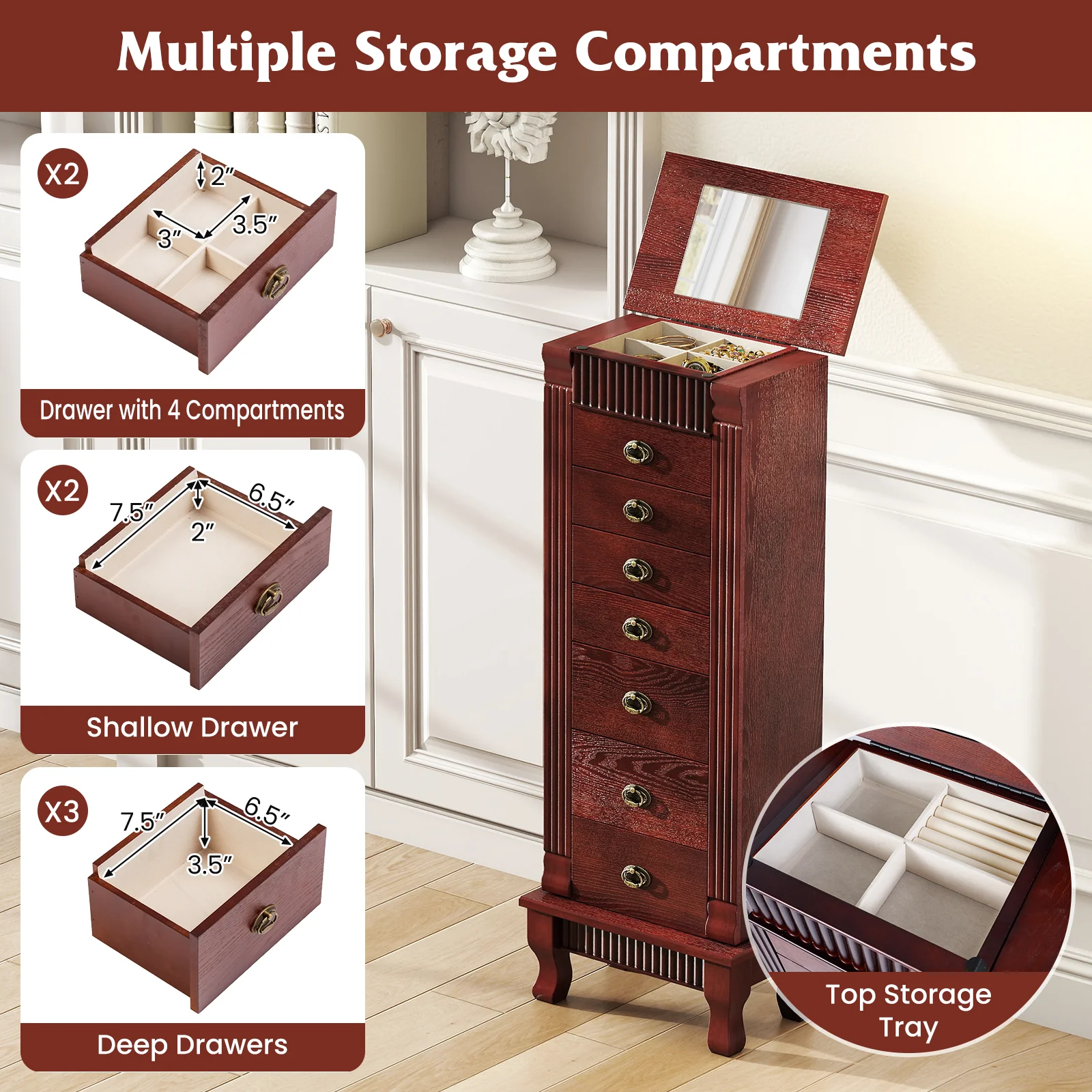 Wooden Jewelry Armoire Cabinet Storage Chest with Drawers and Swing Doors, Brown - Image 9