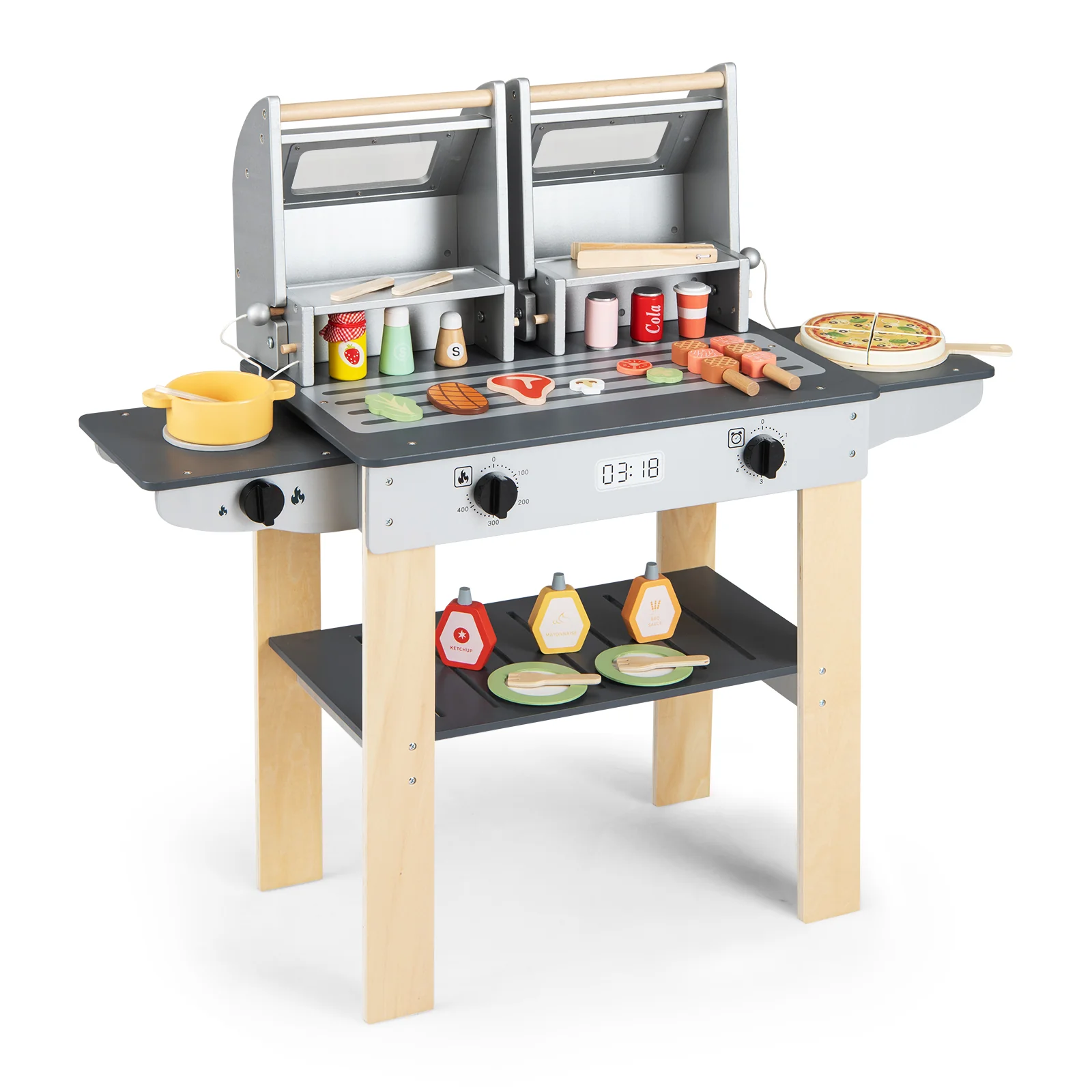 Wooden Kids Barbecue Grill Playset With Tools, Foods, Gray