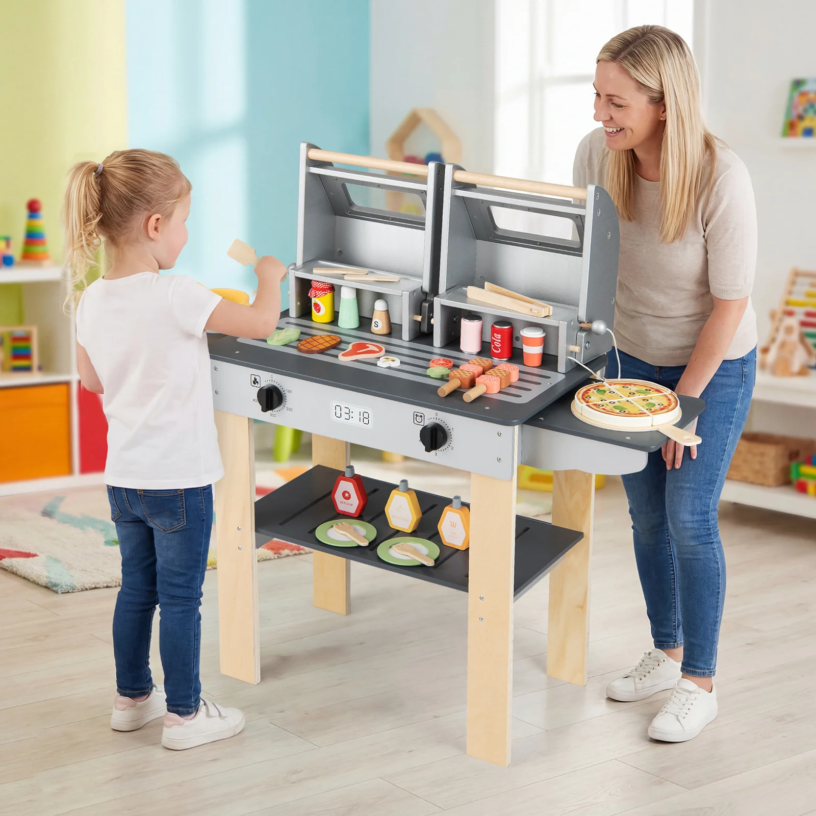 Wooden Kids Barbecue Grill Playset With Tools, Foods, Gray - Image 2