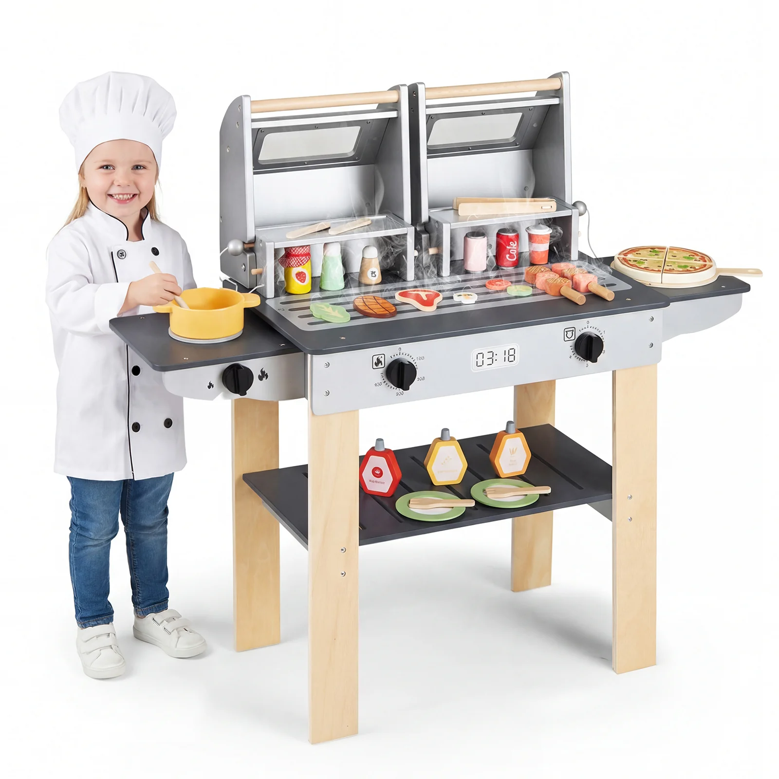 Wooden Kids Barbecue Grill Playset With Tools, Foods, Gray - Image 5
