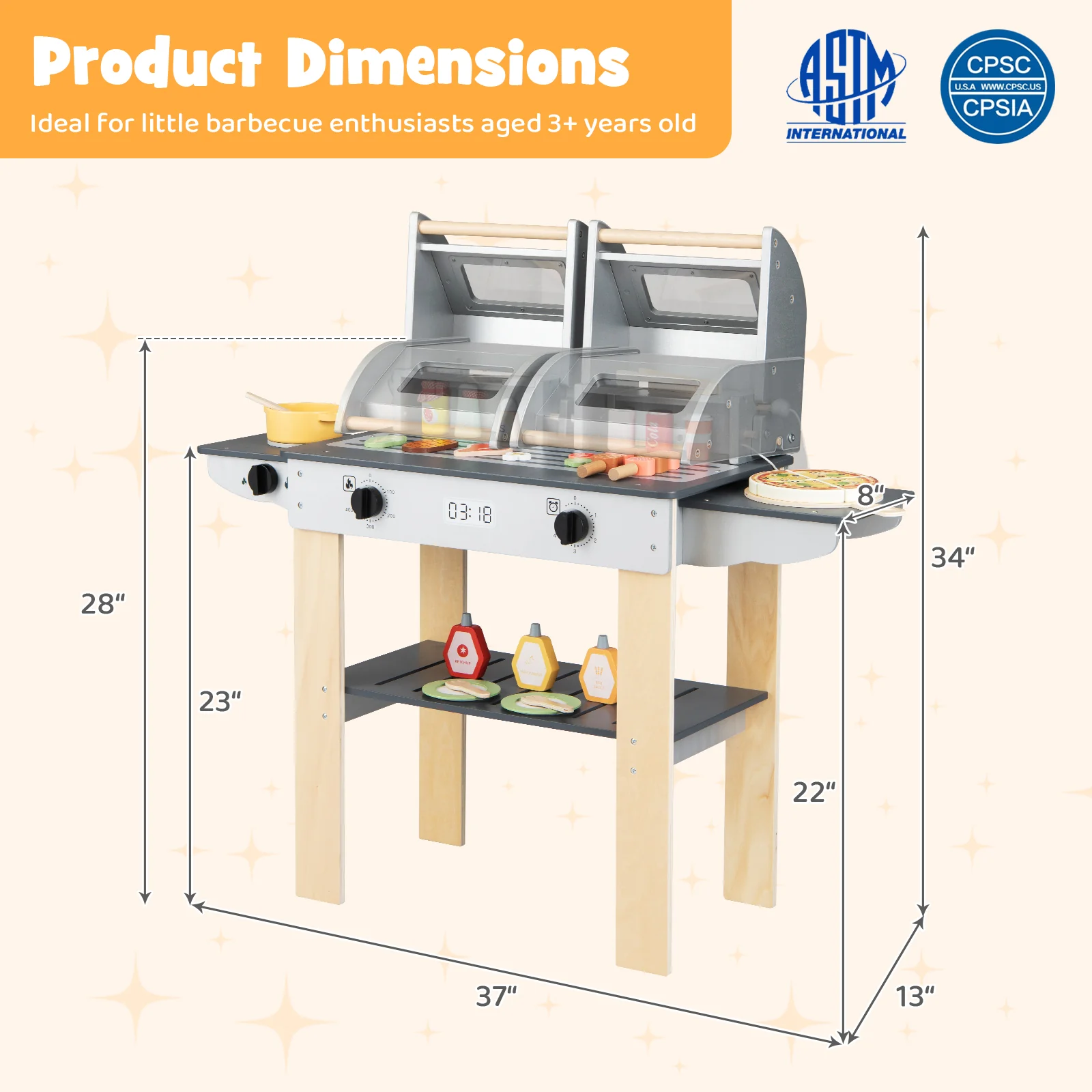 Wooden Kids Barbecue Grill Playset With Tools, Foods, Gray - Image 6