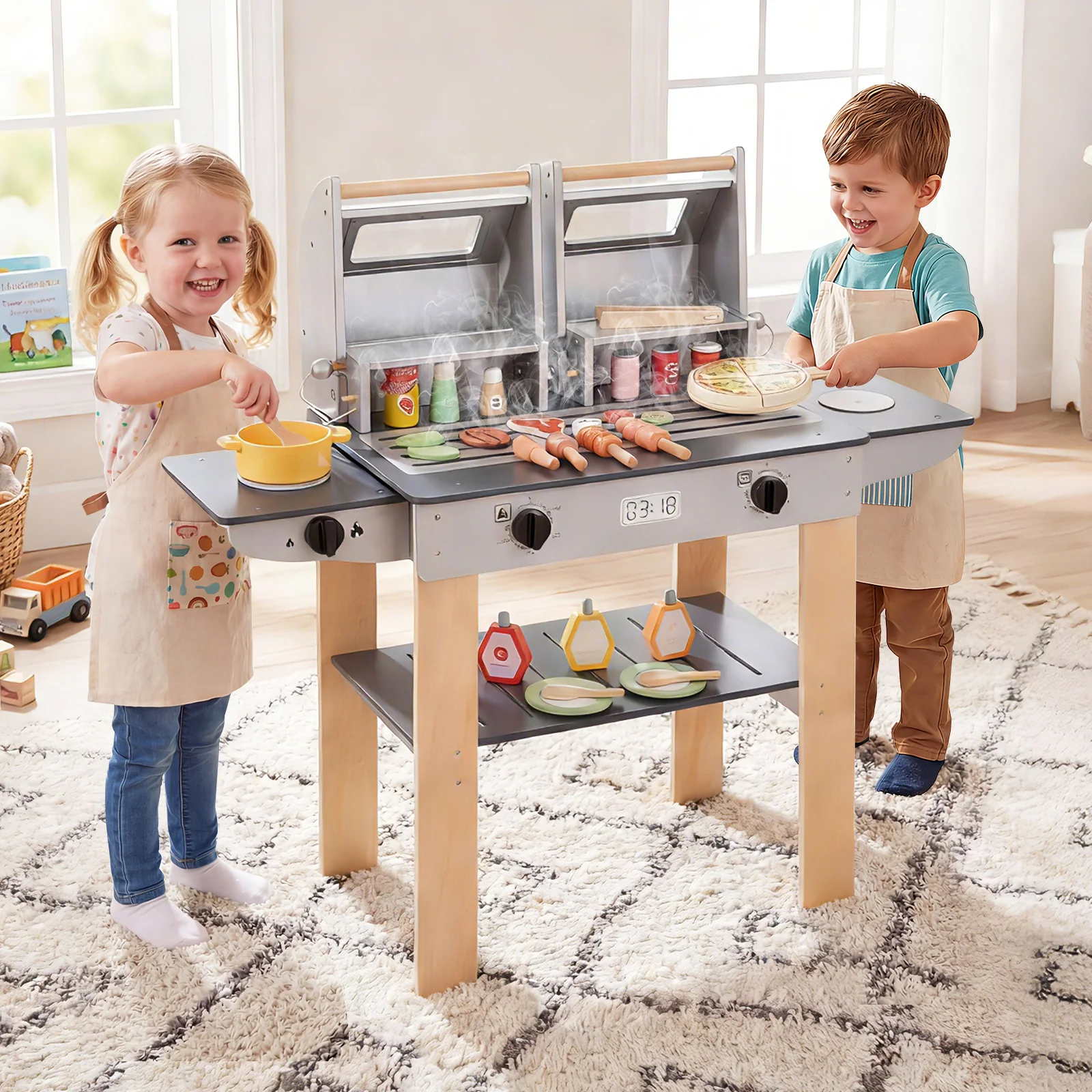Wooden Kids Barbecue Grill Playset With Tools, Foods, Gray - Image 7