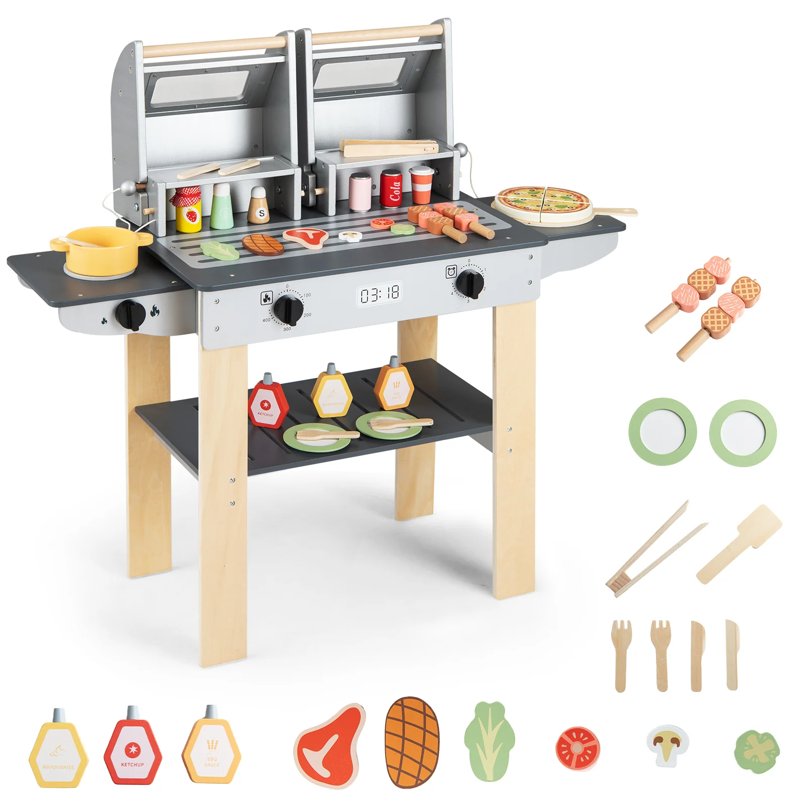 Wooden Kids Barbecue Grill Playset With Tools, Foods, Gray - Image 8
