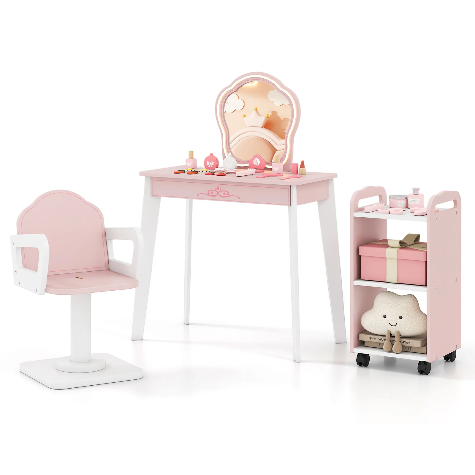 Wooden Kids Hair Salon Play Set, LED Lighted Mirror, Pink - Image 2