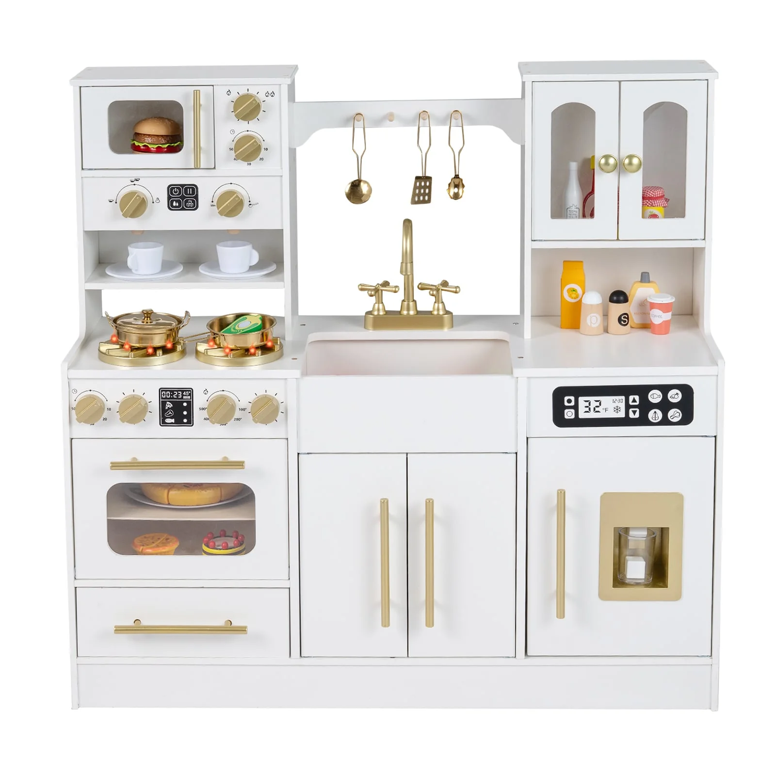 Wooden Kids Kitchen Playset, Realistic Lights And Sounds, White