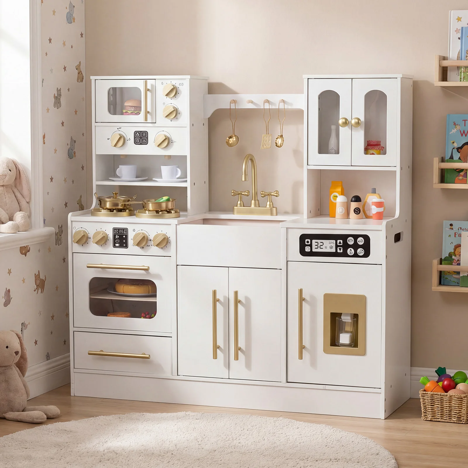 Wooden Kids Kitchen Playset, Realistic Lights And Sounds, White - Image 3
