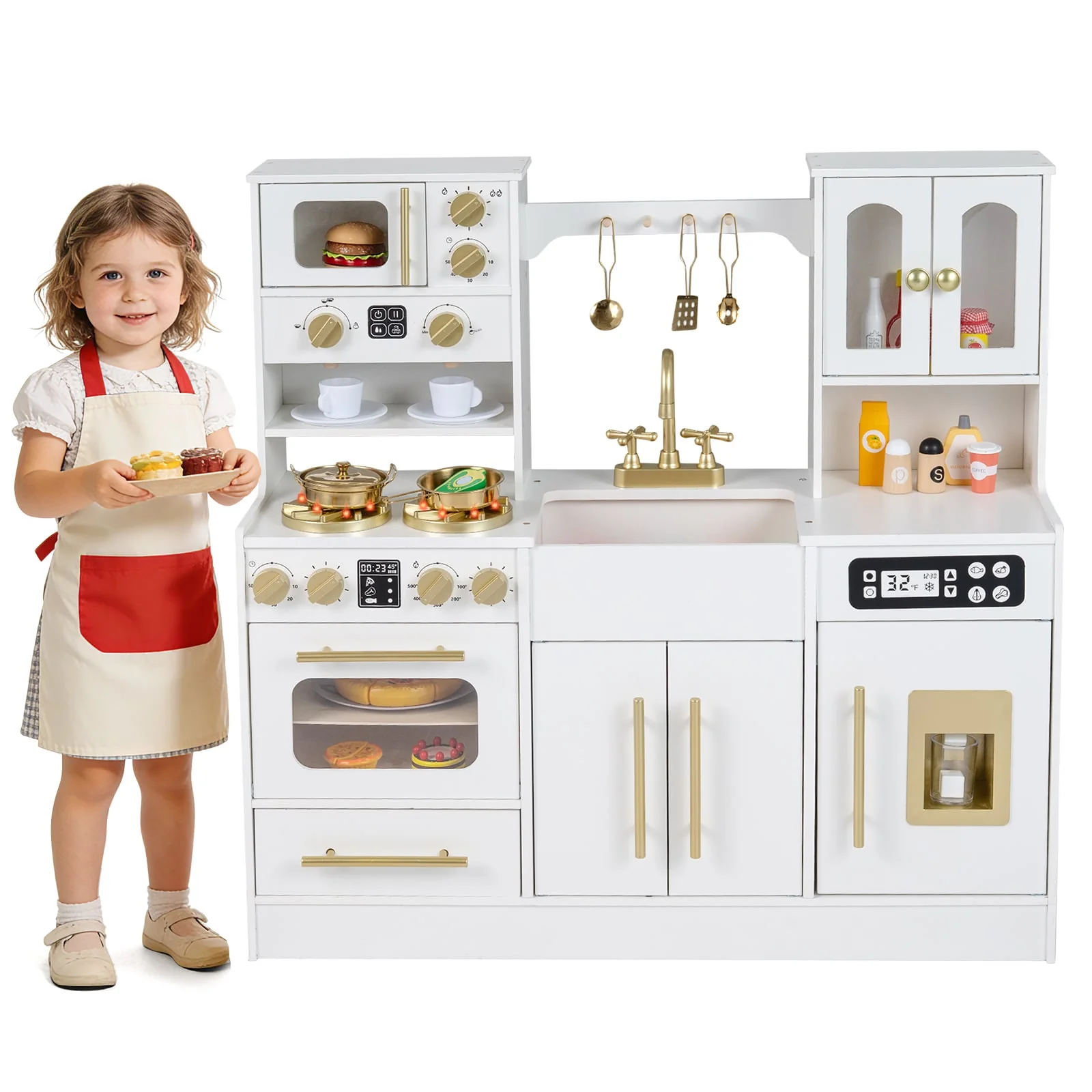 Wooden Kids Kitchen Playset, Realistic Lights And Sounds, White - Image 4