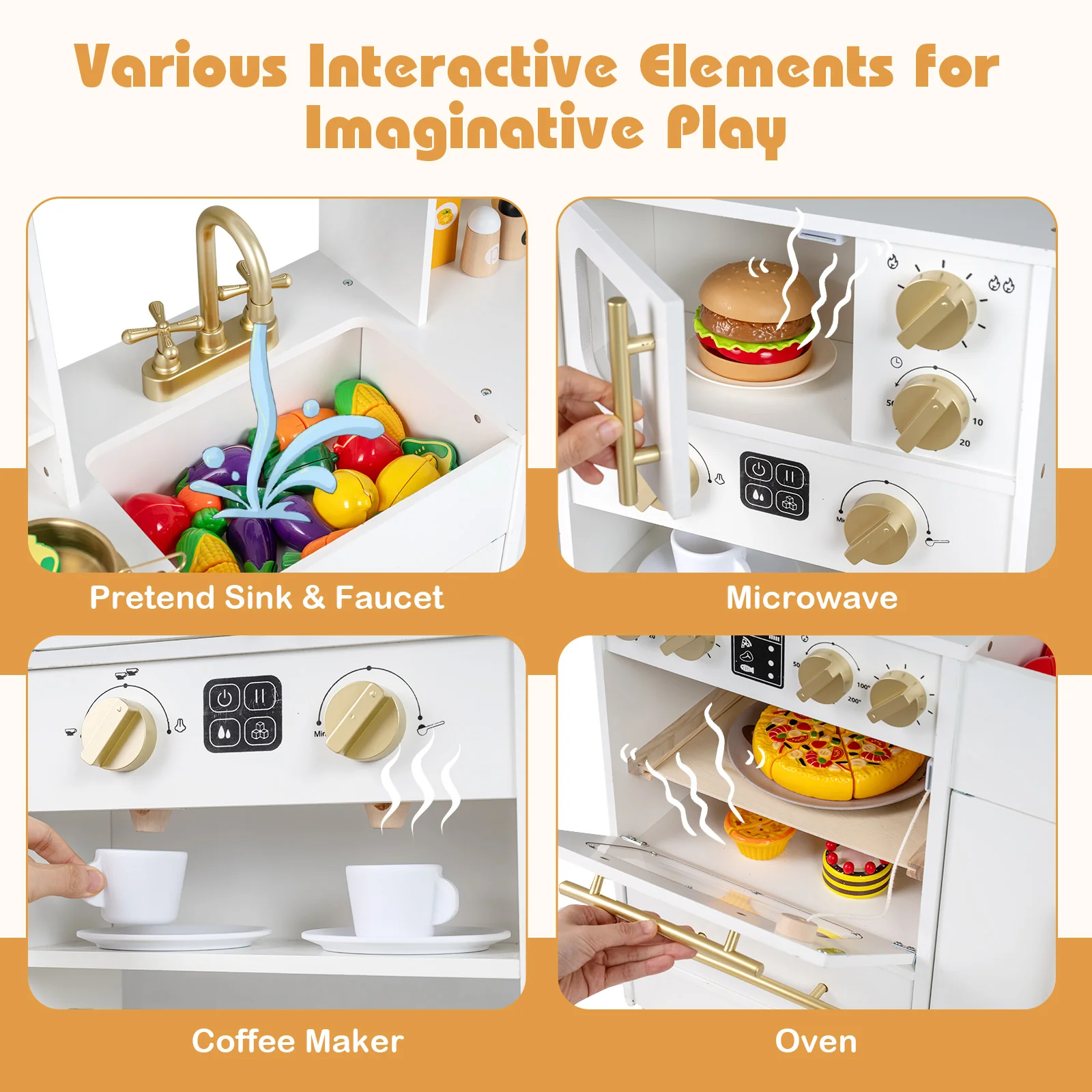 Wooden Kids Kitchen Playset, Realistic Lights And Sounds, White - Image 7
