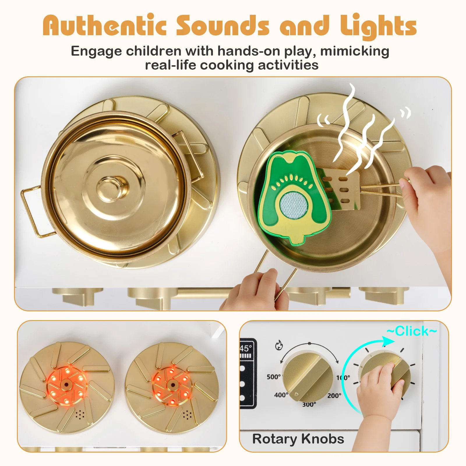 Wooden Kids Kitchen Playset, Realistic Lights And Sounds, White - Image 8