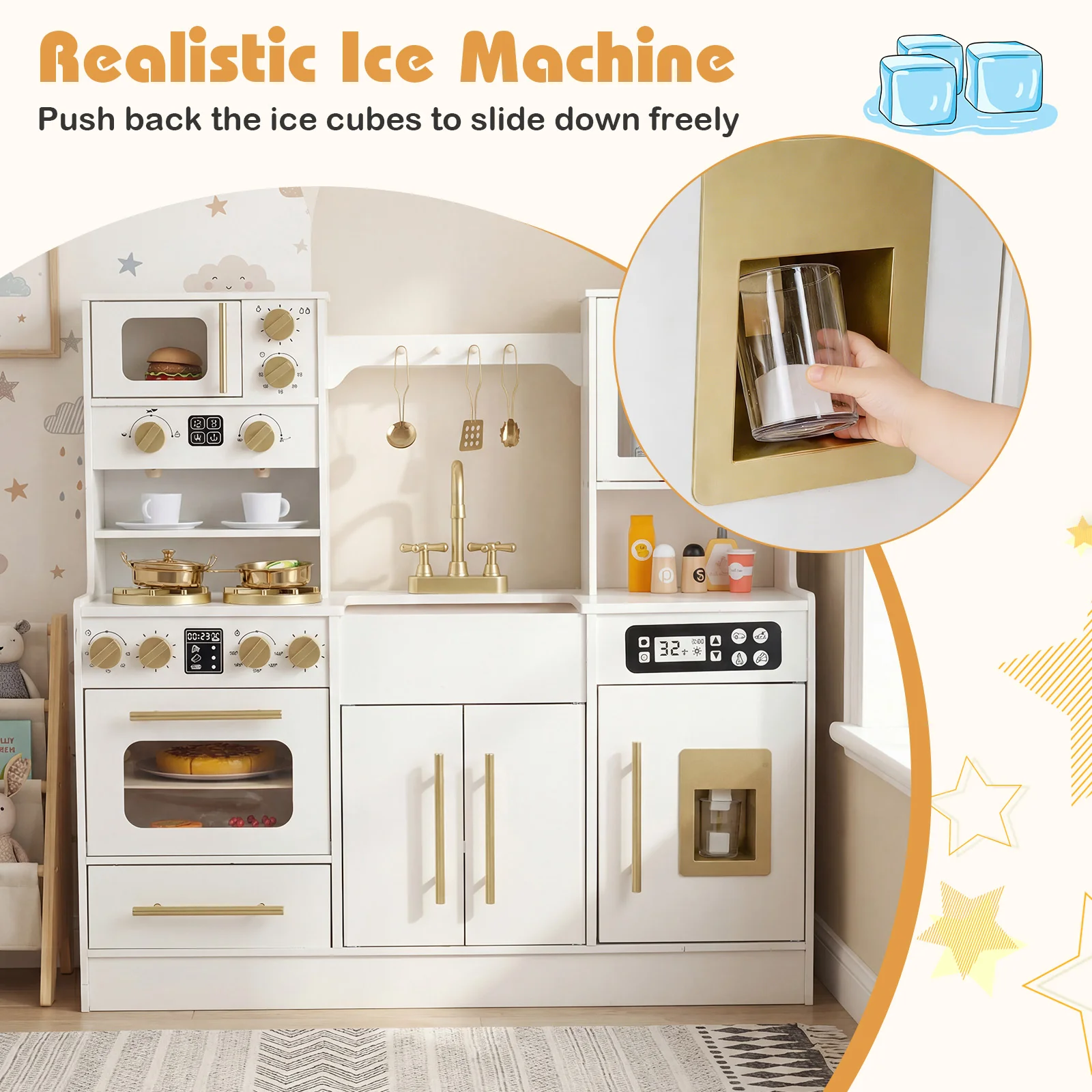 Wooden Kids Kitchen Playset, Realistic Lights And Sounds, White - Image 9