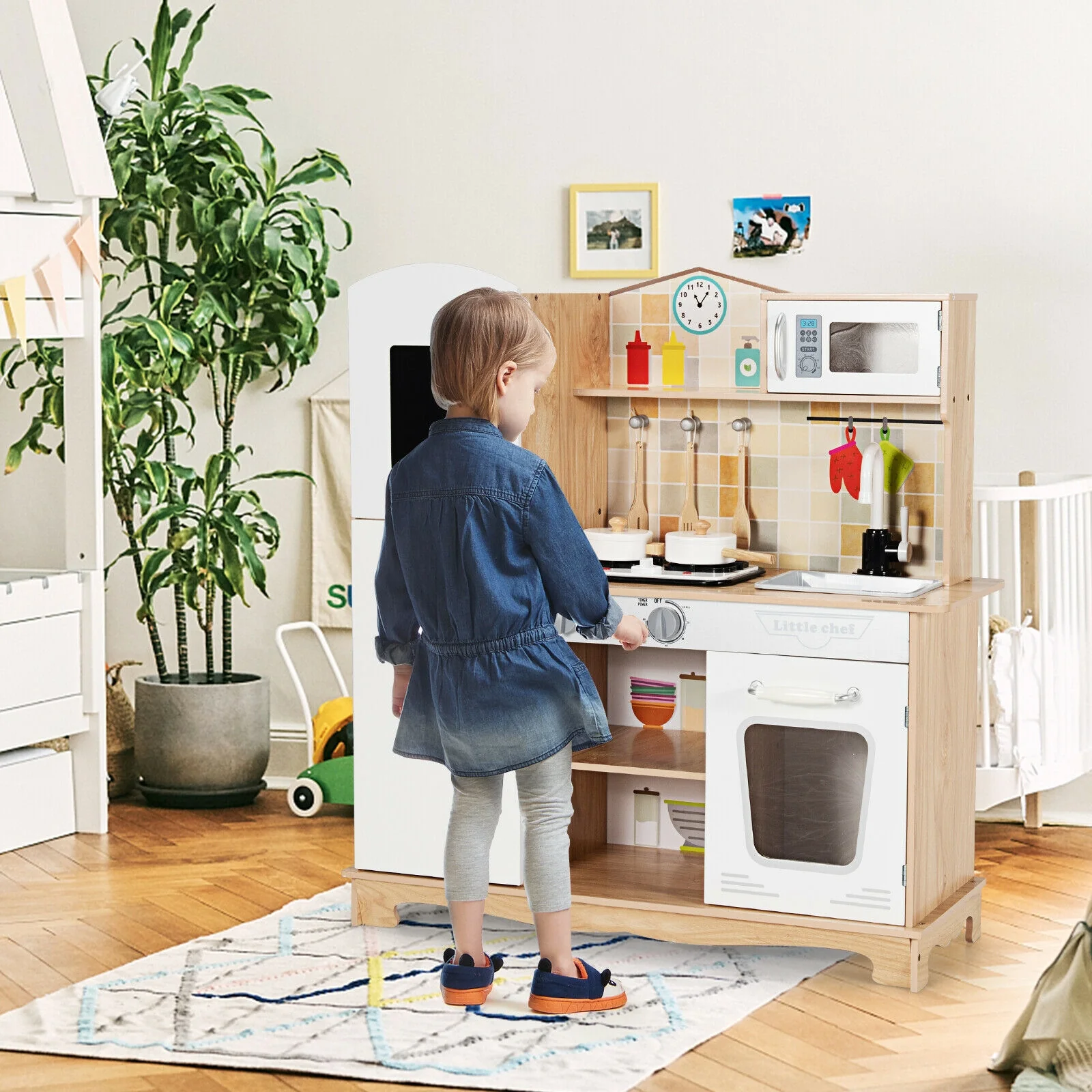 Wooden Kids Kitchen Playset, With Utensils And Sound, White - Image 2