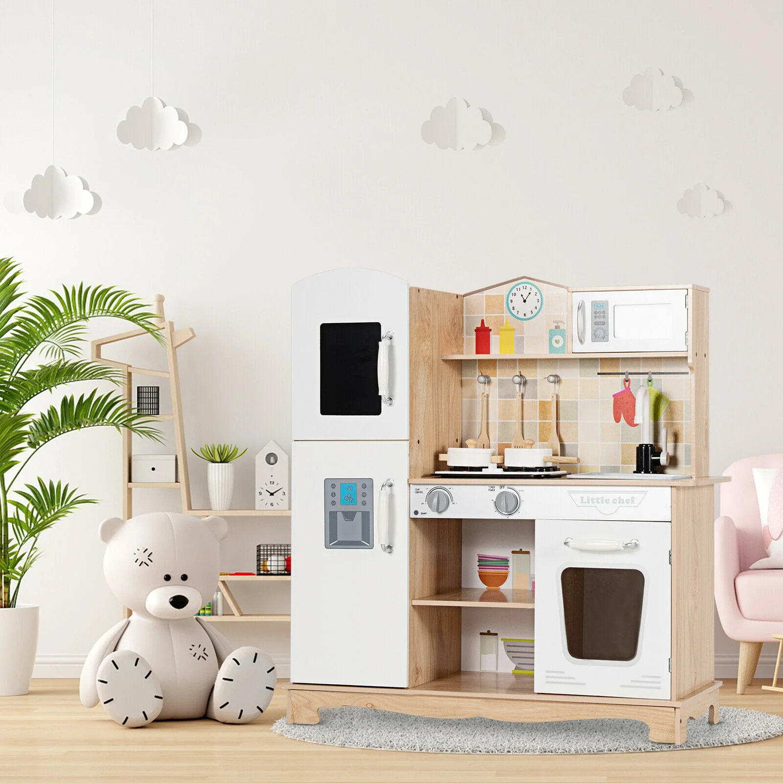 Wooden Kids Kitchen Playset, With Utensils And Sound, White - Image 3