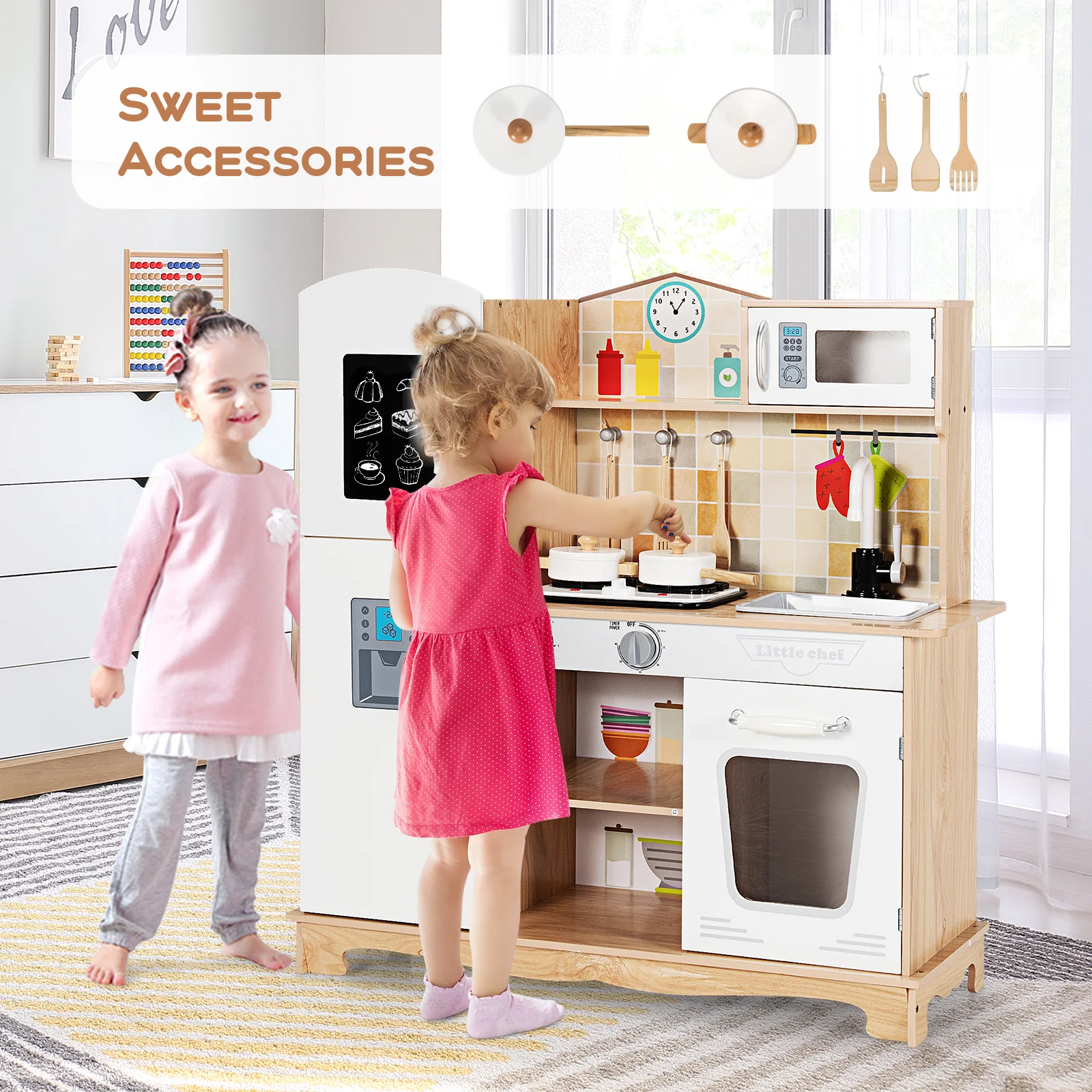 Wooden Kids Kitchen Playset, With Utensils And Sound, White - Image 7